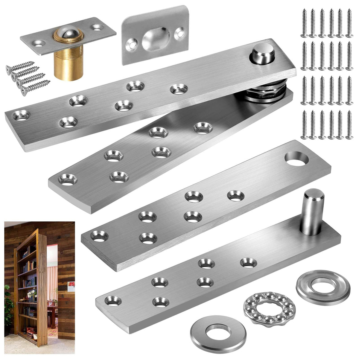 Door Pivot Hinges Heavy Duty For Max 200 Lb,Wood Doors, Hidden Hinge For Wood And Secret,Hidden Bookcase,Murphy Bookshelf (Heavy Duty 2Pcs)