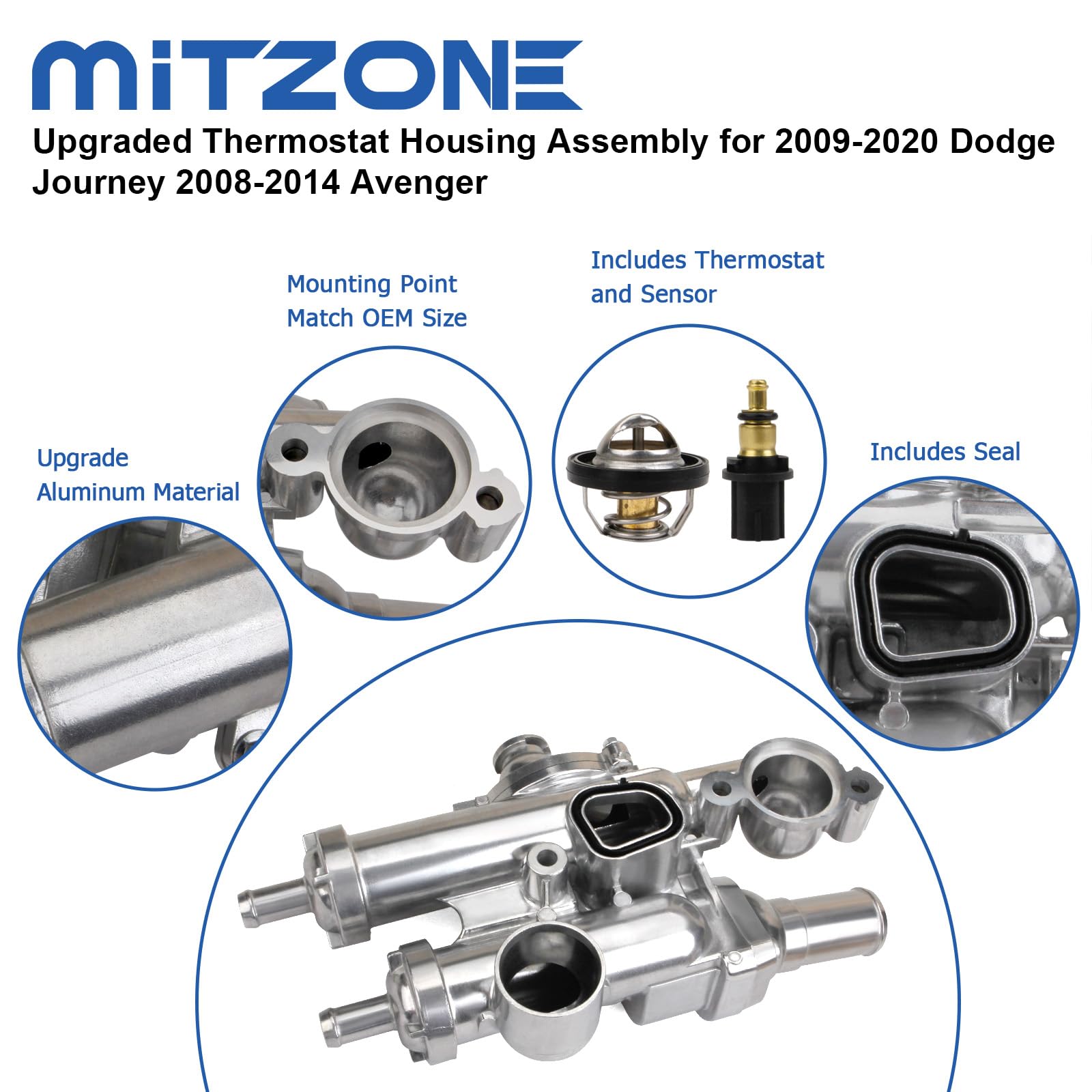 Mitzone Upgrade Aluminium Thermostat Housing Assembly Compatible With Dodge Jeep Chrysler Vehicle - 200 Sebring Compass Patriot Avenger Caliber Journey 1.8L 2.0L 2.4L Replace 68003582Ab