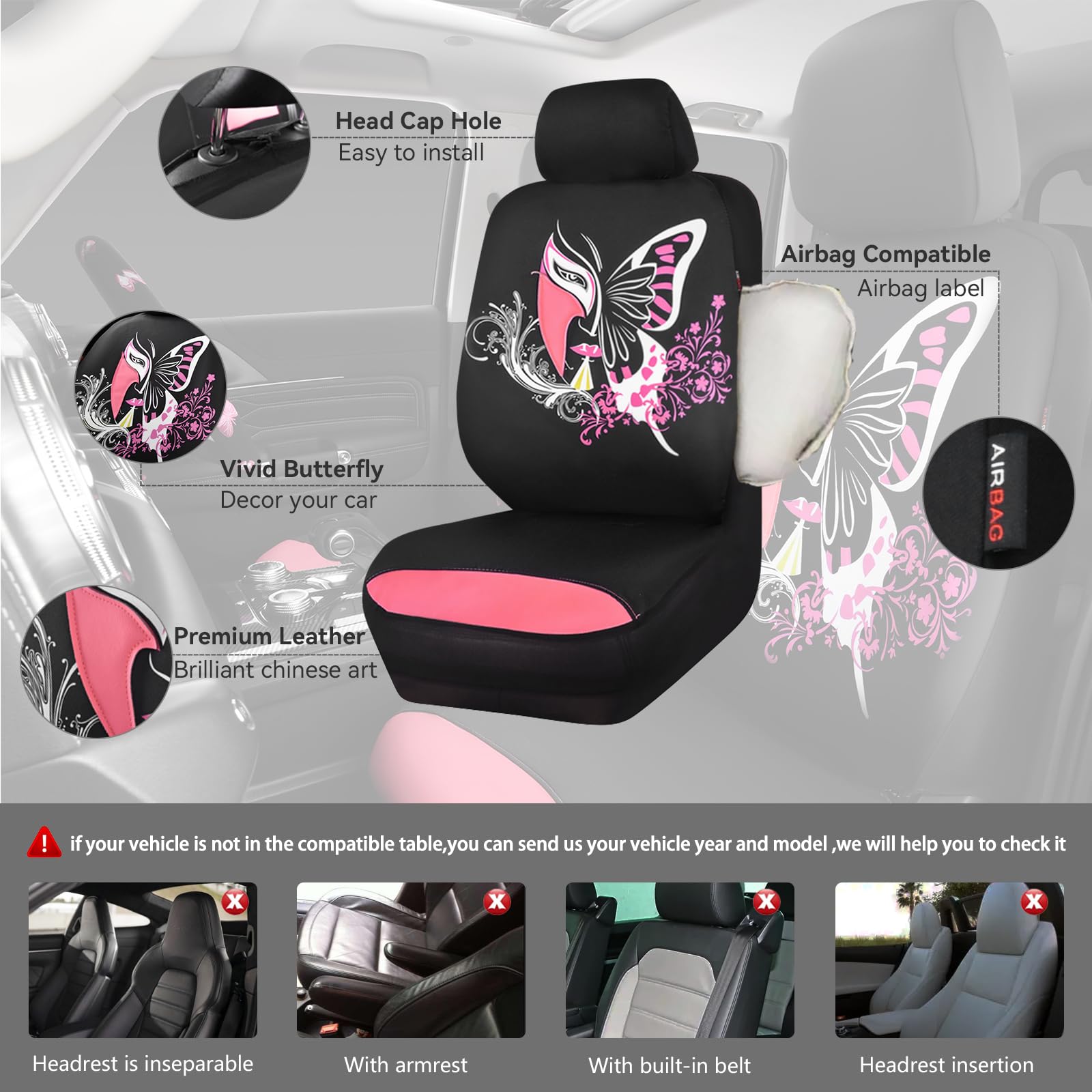 CAR PASS Pink Leather & Gaberdine Butterfly Car Seat Covers Full Set with Waterproof Car Floor Mats and Embroidered Butterflies