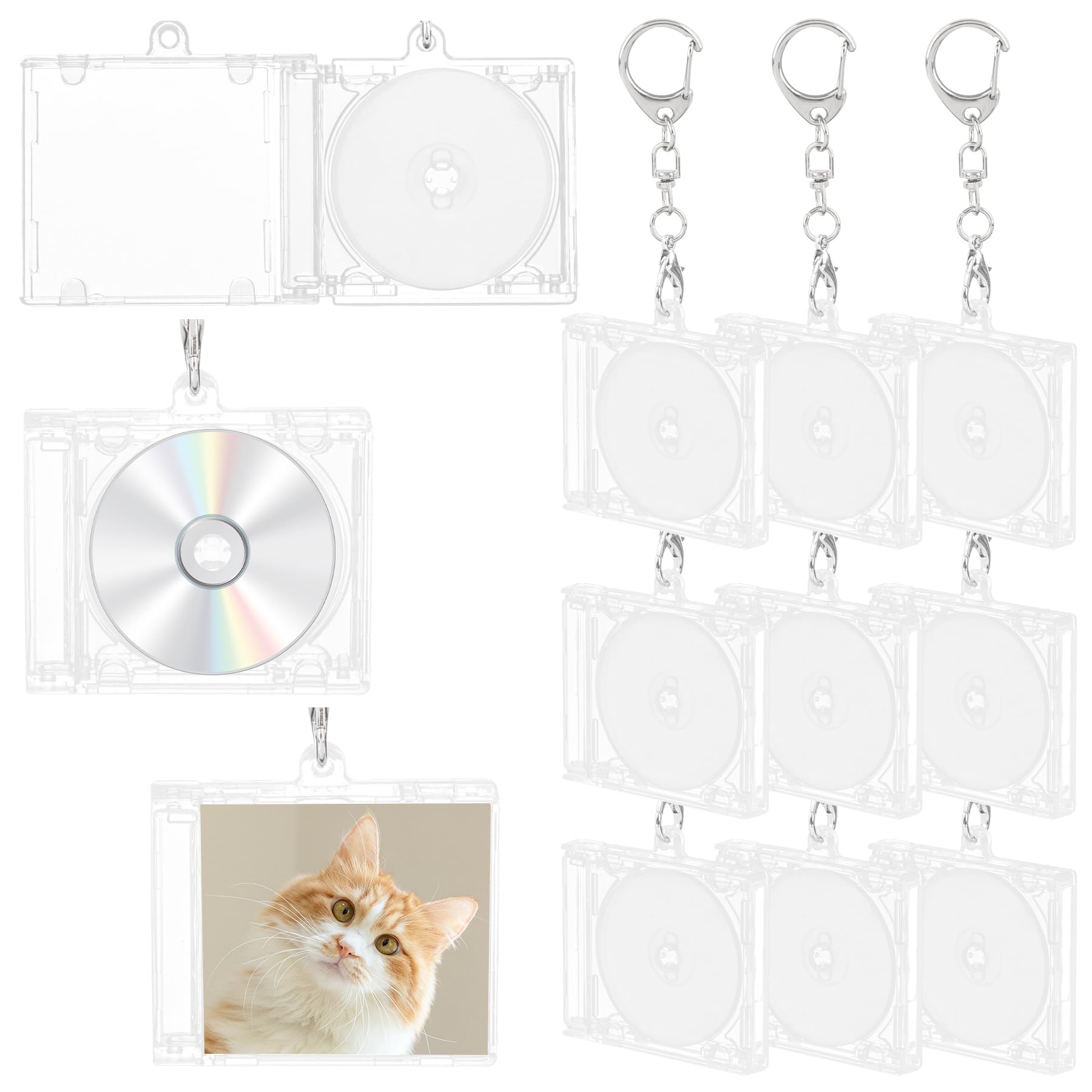Framendino, 10 Pack Mini CD Holder Keychain Plastic Blank CDs Cases Album Disc Key Chain Small DVD Holders Key Ring for Backpack