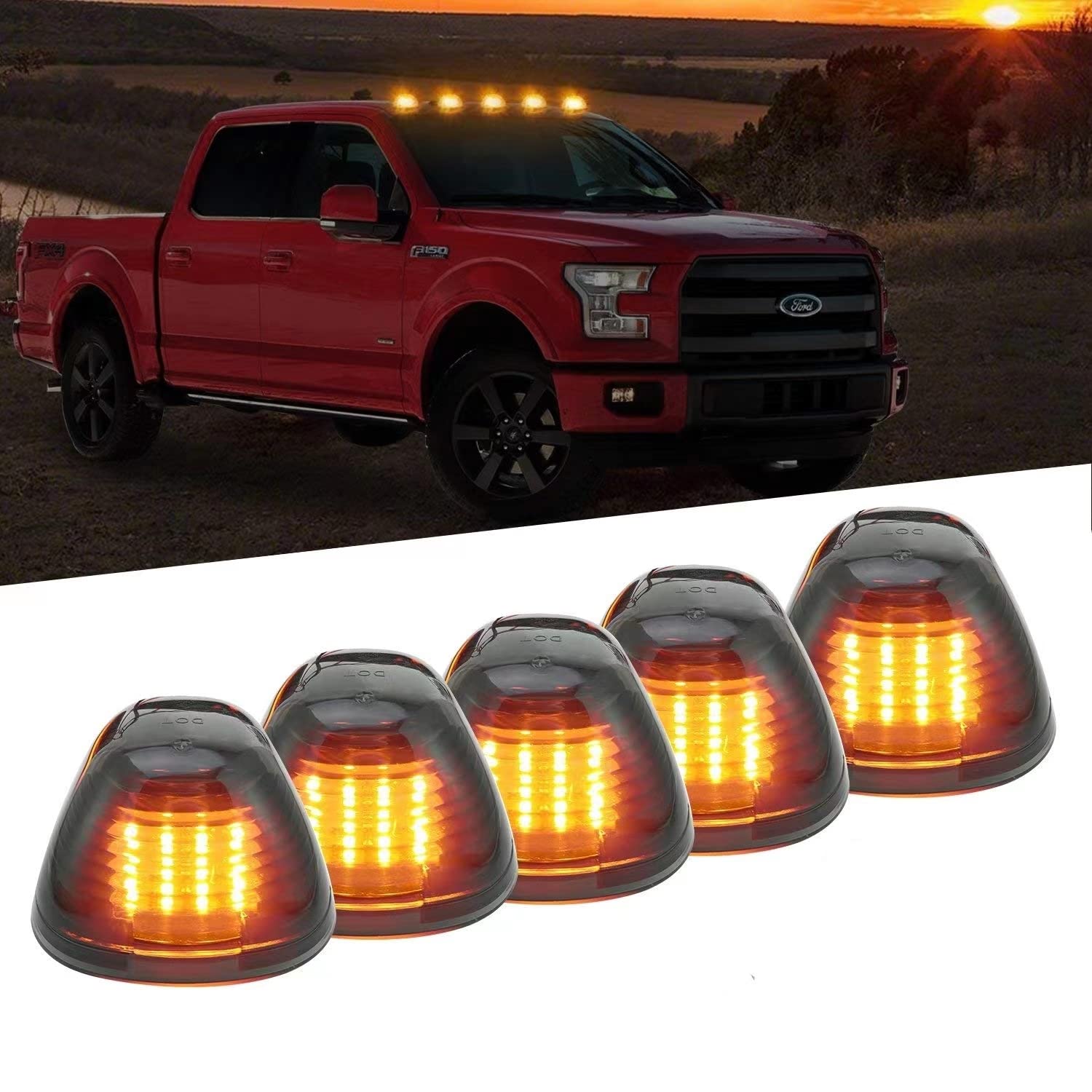 5 X Cab Marker Light, Smoke Lens With Amber 16 Led Roof Running Lights, Top Clearance Light For 1999-2016 Ford F150 F250 F350 F4