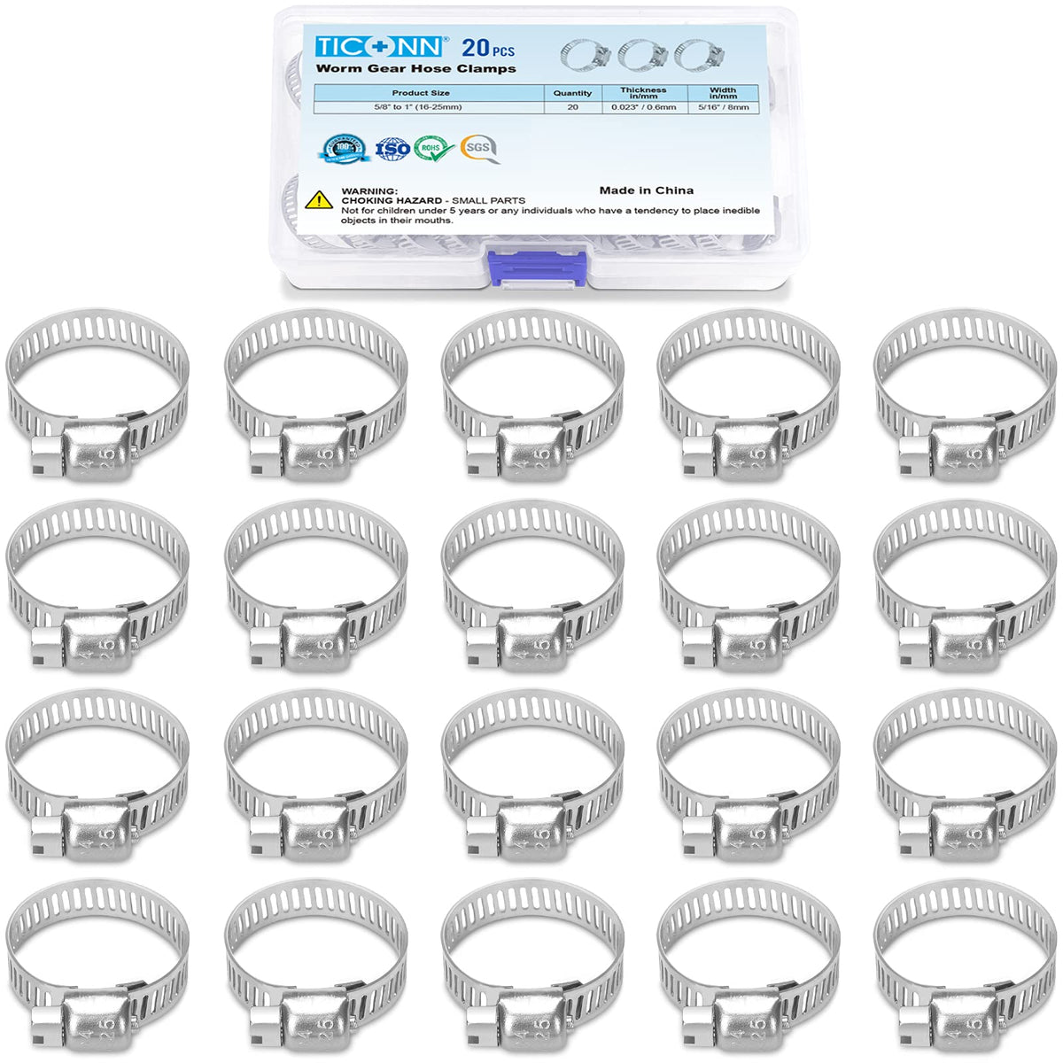 Ticonn 20Pcs Hose Clamp Set - 5/8''-1'' 304 Stainless Steel Worm Gear Hose Clamps For Pipe, Intercooler, Plumbing, Tube And Fuel
