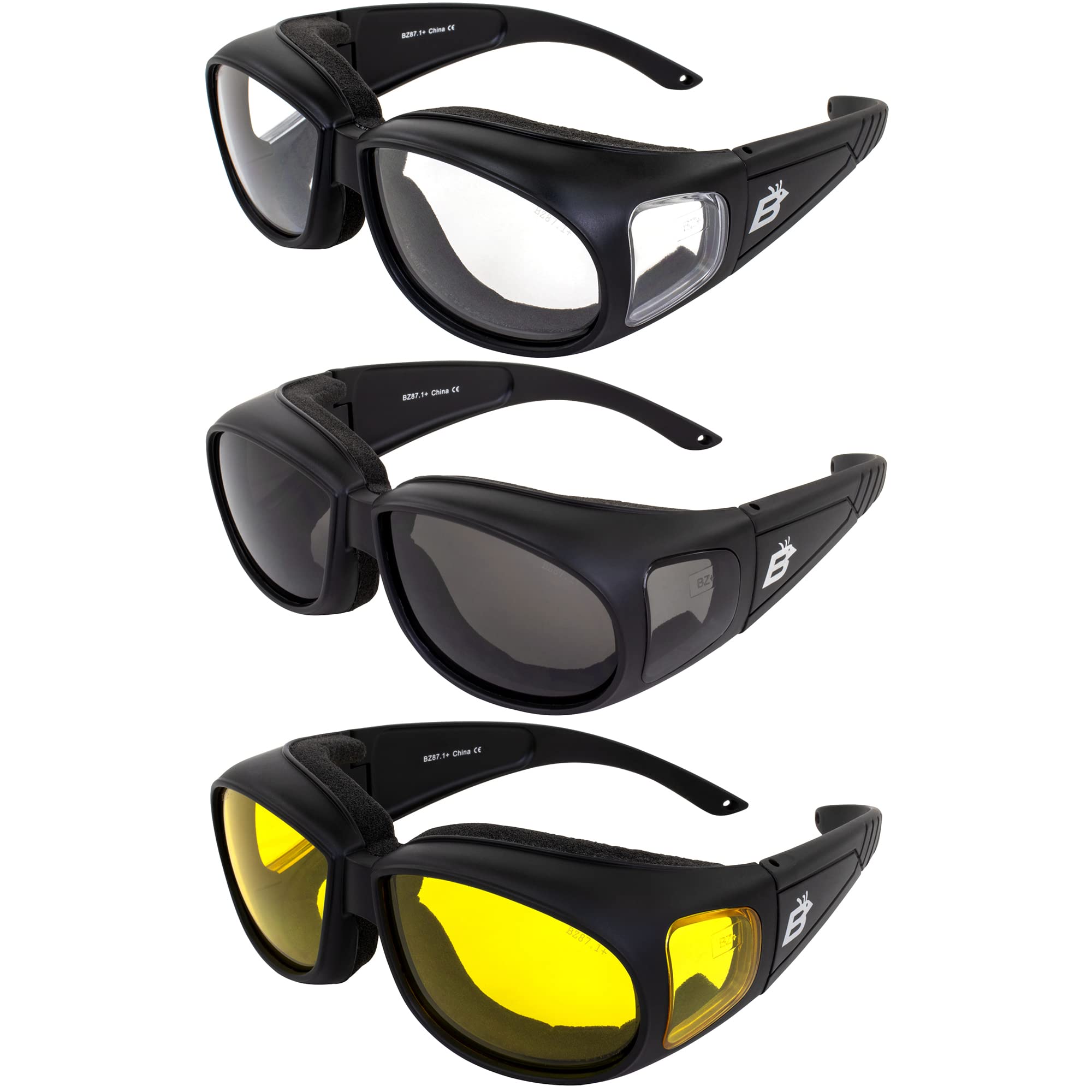Birdz 3 Pair Swallow Fit Over Glasses Foam Padded Motorcycle Riding Safety Glasses Black Frame Clear Smoke Yellow Lens