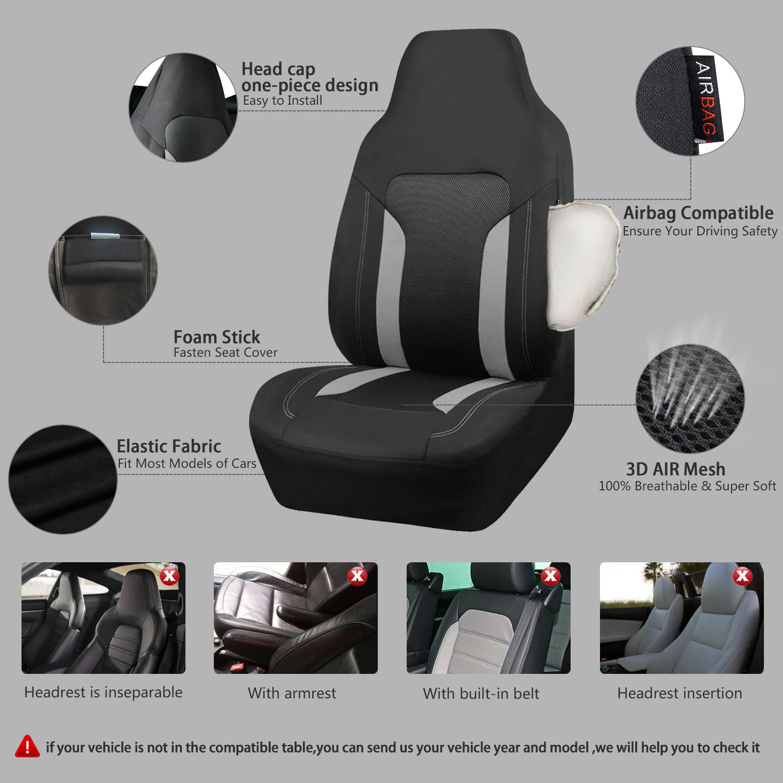 Car Pass Cargrand Universal 3D Air Mesh-100% Breathable Sporty Bucket Car Seat Cover Front Seats Only, Airbag Compatible,Fit Automotive Suv Truck Sedan Women(High Back Front 2 Piece Black Gray)