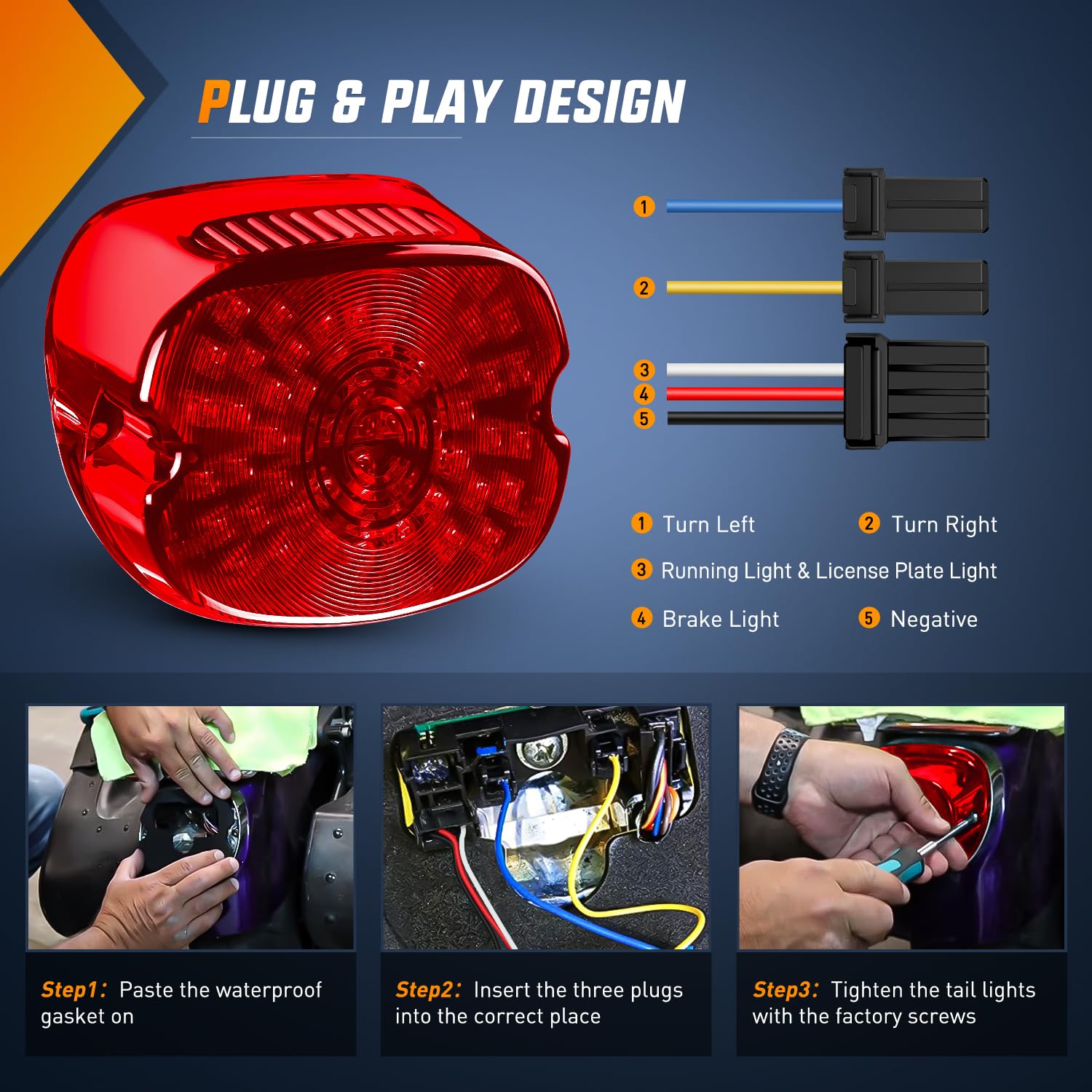 Nilight Led Tail Light Motorcycle Brake Turn Signal Driving License Plate Rear Lights Red Housing Plug And Play Compatible With