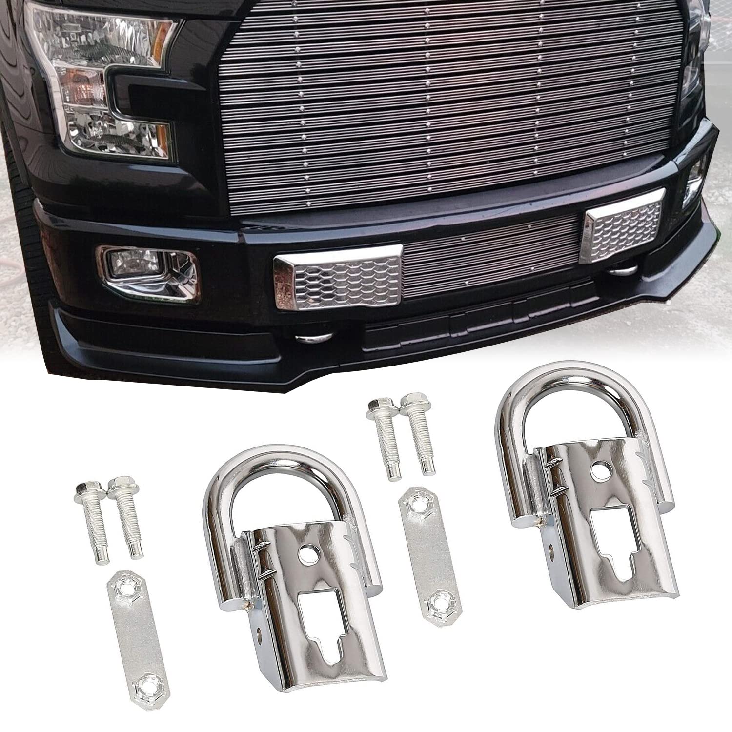 Ecotric Pair Chrome Tow Hooks Compatible With 2009-2019 Ford F150 With Mounting Hardware Replacement For Fl3Z-17N808-A| Fl3Z17N808A 2 Pcs