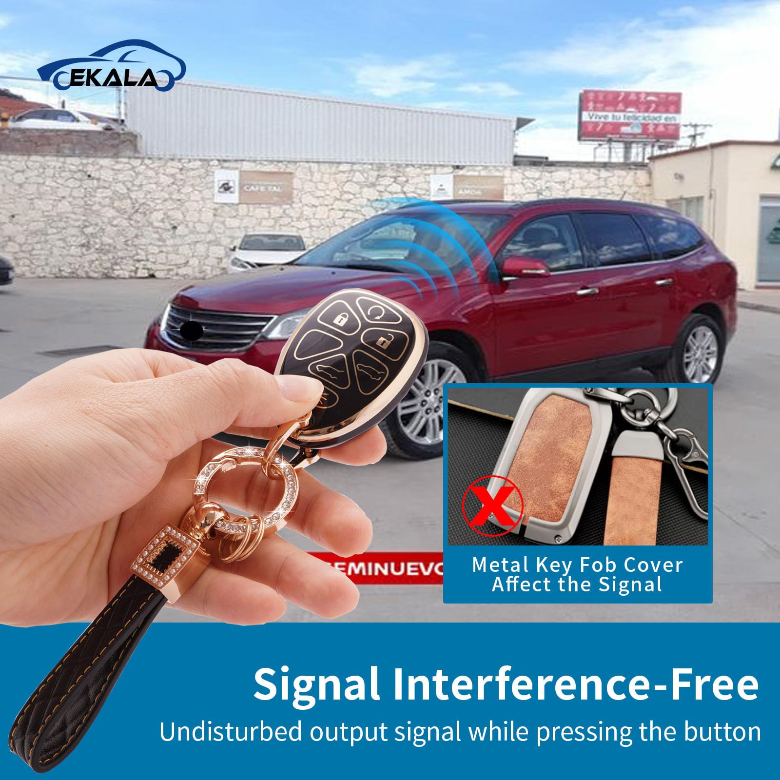 EKALA for Chevy Key Fob Cover with Leather Keychain Lanyard, Soft TPU Keys Case Shell Compatible with Chevy Suburban Traverse Ta