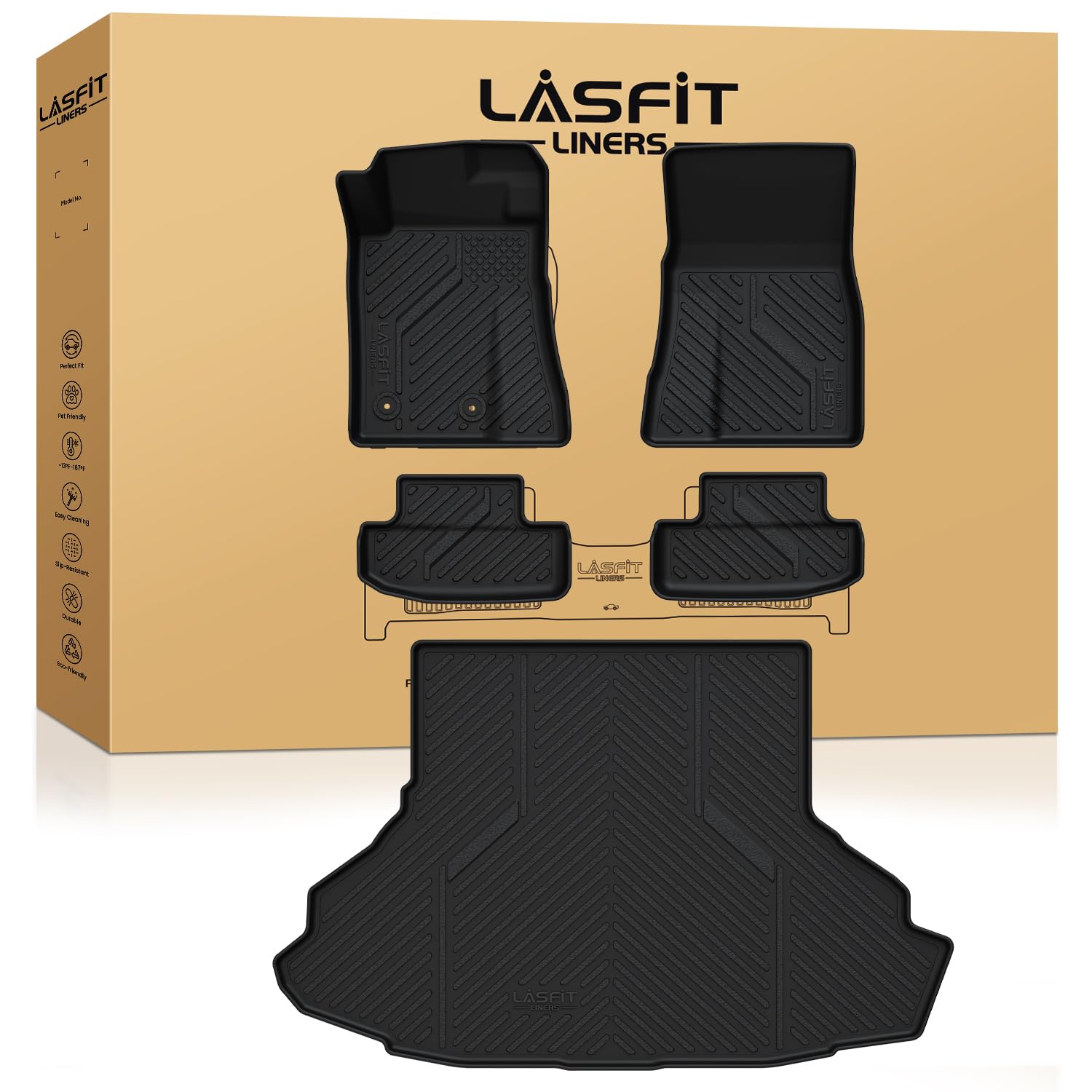 Lasfit Floor Mats And Trunk Mat For Ford Mustang 2015-2025 (Cargo W/O Subwoofer Box) All Weather Protector Tpe Car Floor Liners,