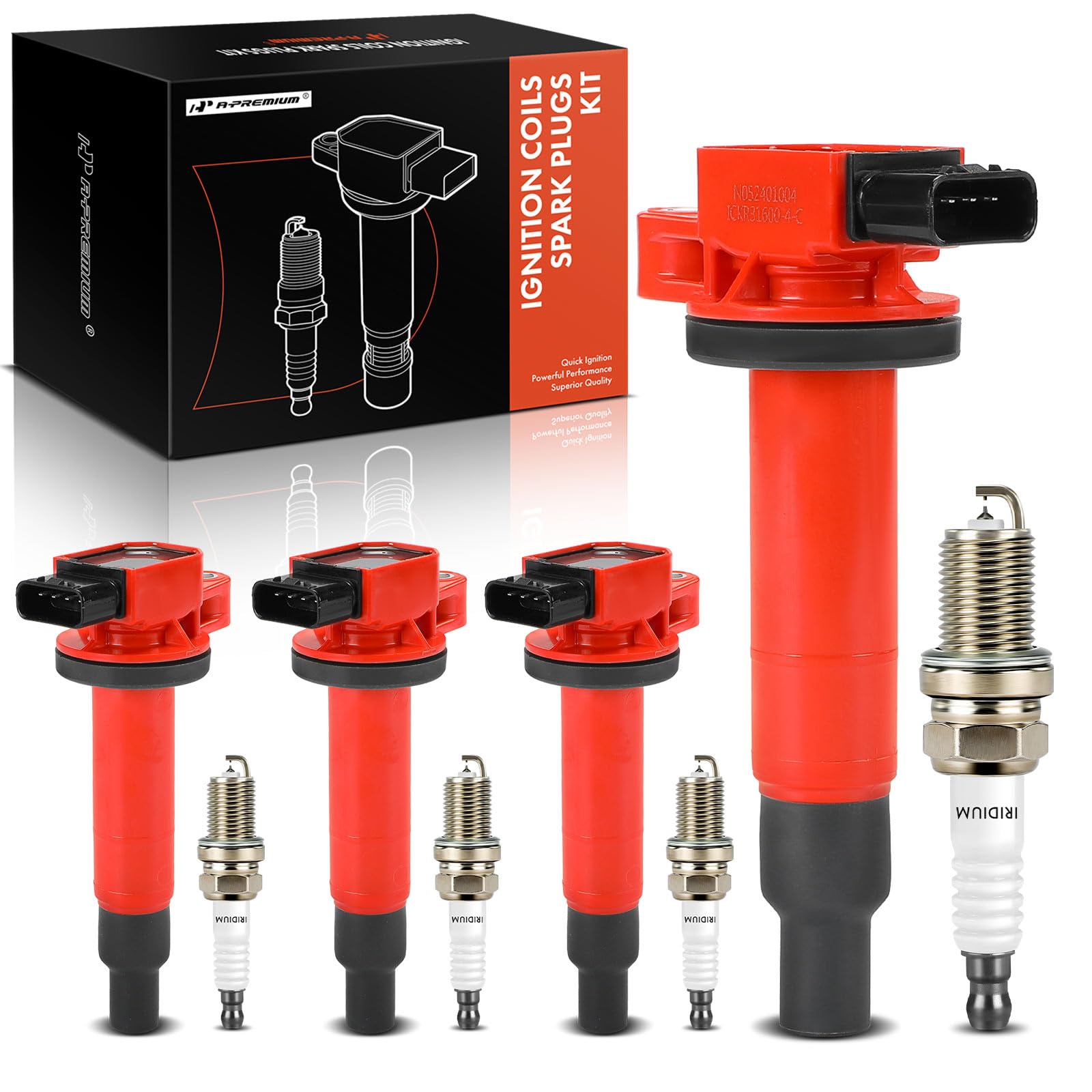 A-Premium (Red) Set Of 8 Ignition Coil Pack And Iridium Spark Plugs Compatible With Toyota Prius 2001-2009, Yaris 2006-2018, Ech