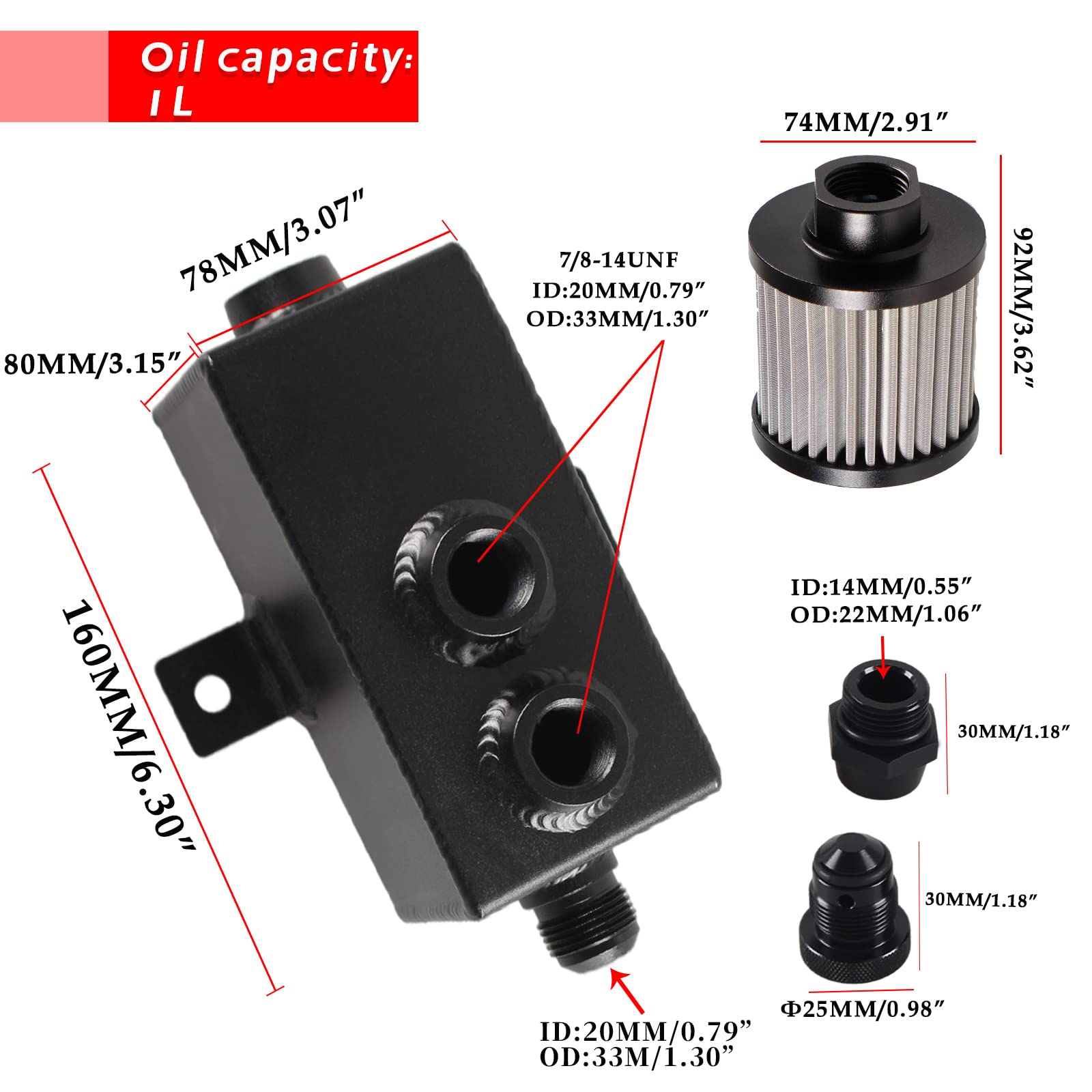Poseng Universal 10An Oil Catch Can Tank Baffled 1L With Filter Aluminum Black Htracing
