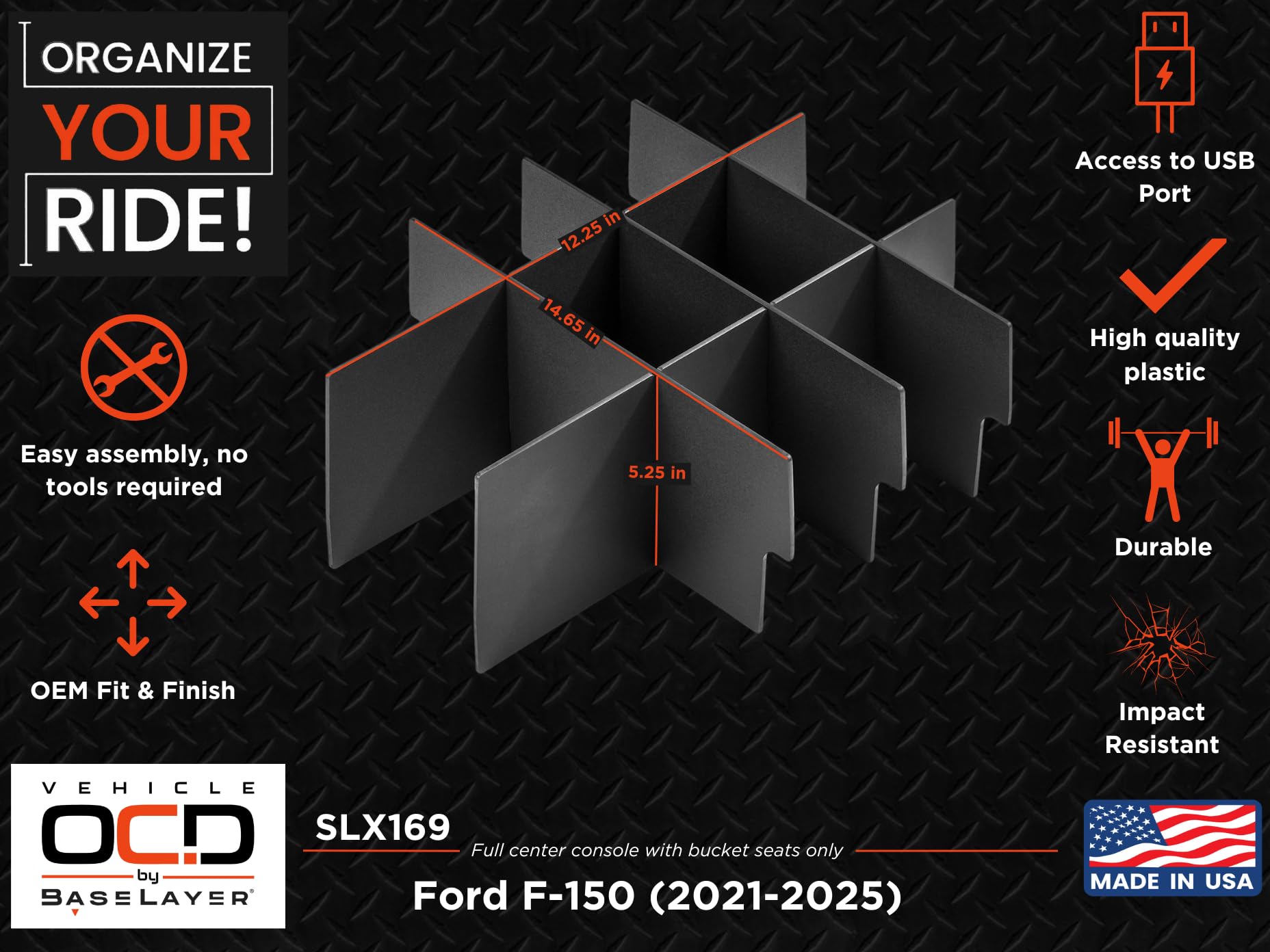 Vehicle Ocd - Center Console Organizer For Ford F150 (2021-2025) (Full Console W/Bucket Seats Only) - Made In Usa - Slx169