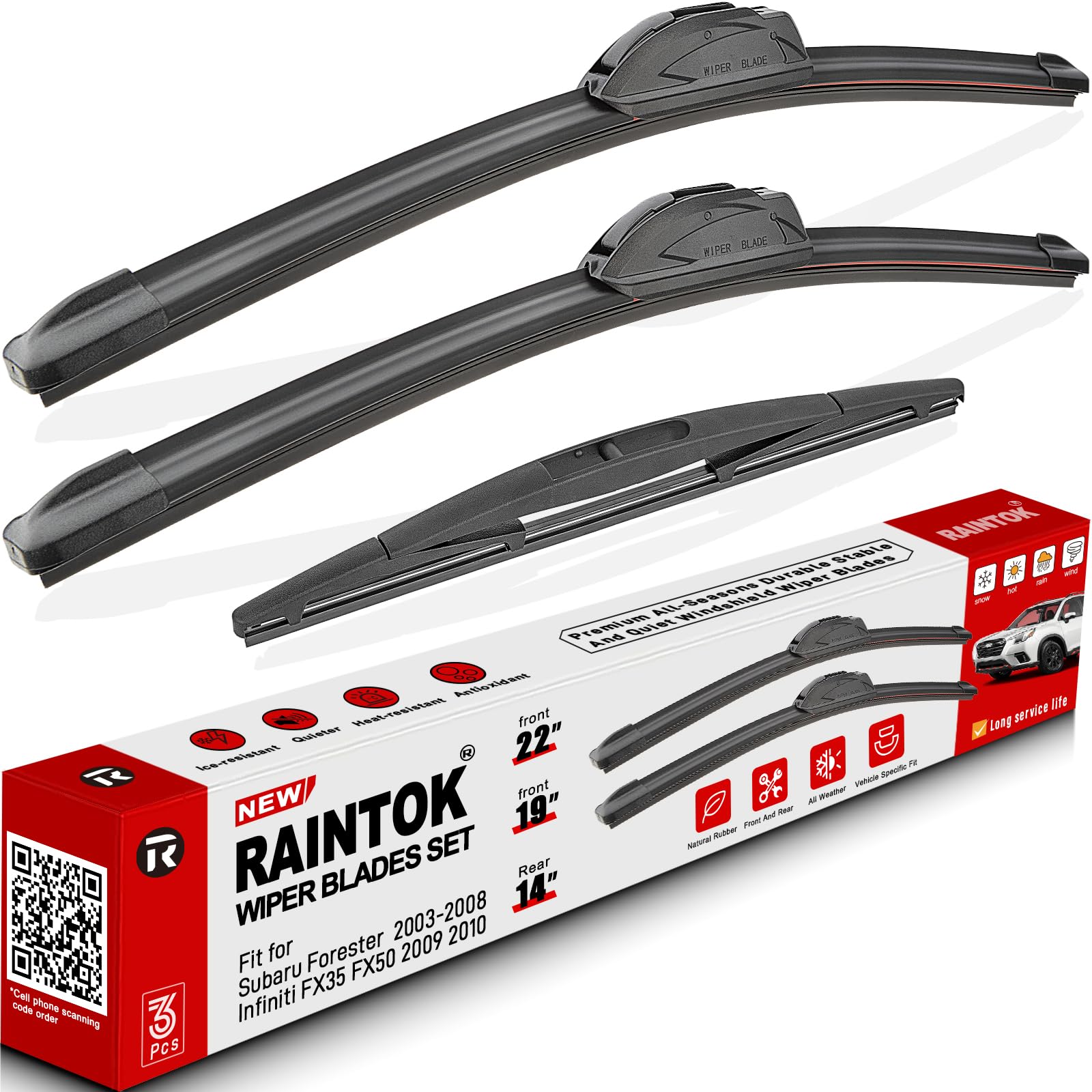 Raintok Windshield Wiper Blades Replacement For 2003-2008 Subaru Forester / 2009 2010 Infiniti Fx35 Fx50 Original Factory Quality Front Rear Back Wipers Set For My Car - 22 19 14