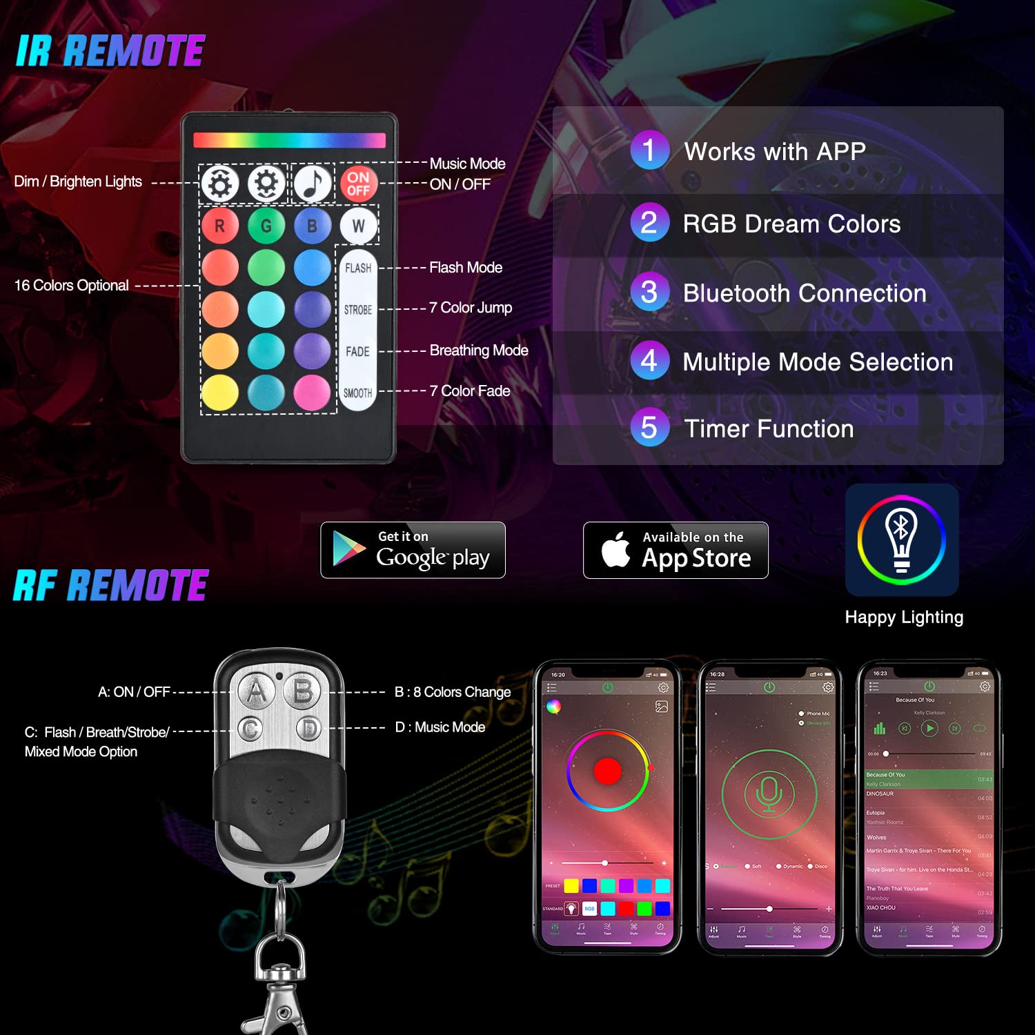 Nilight 12Pcs Motorcycle Rgb Led Light Kit Waterproof Multi Color Atmosphere Neon Accent App And Remote Control Underbody Strips