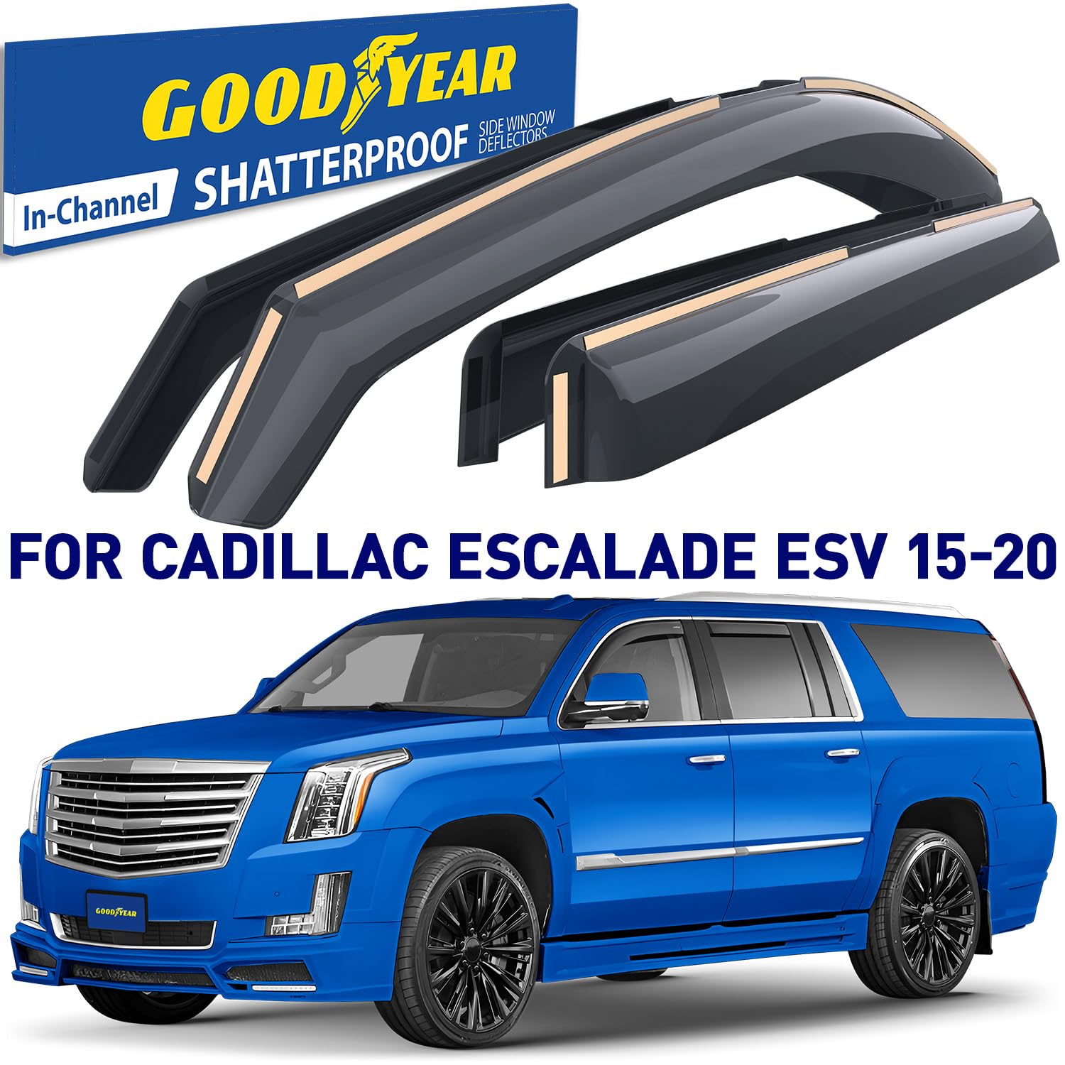 Goodyear Shatterproof In-Channel Window Deflectors For Cadillac Escalade Esv 2015-2020, Rain Guards, Window Visors For Cars, Ven