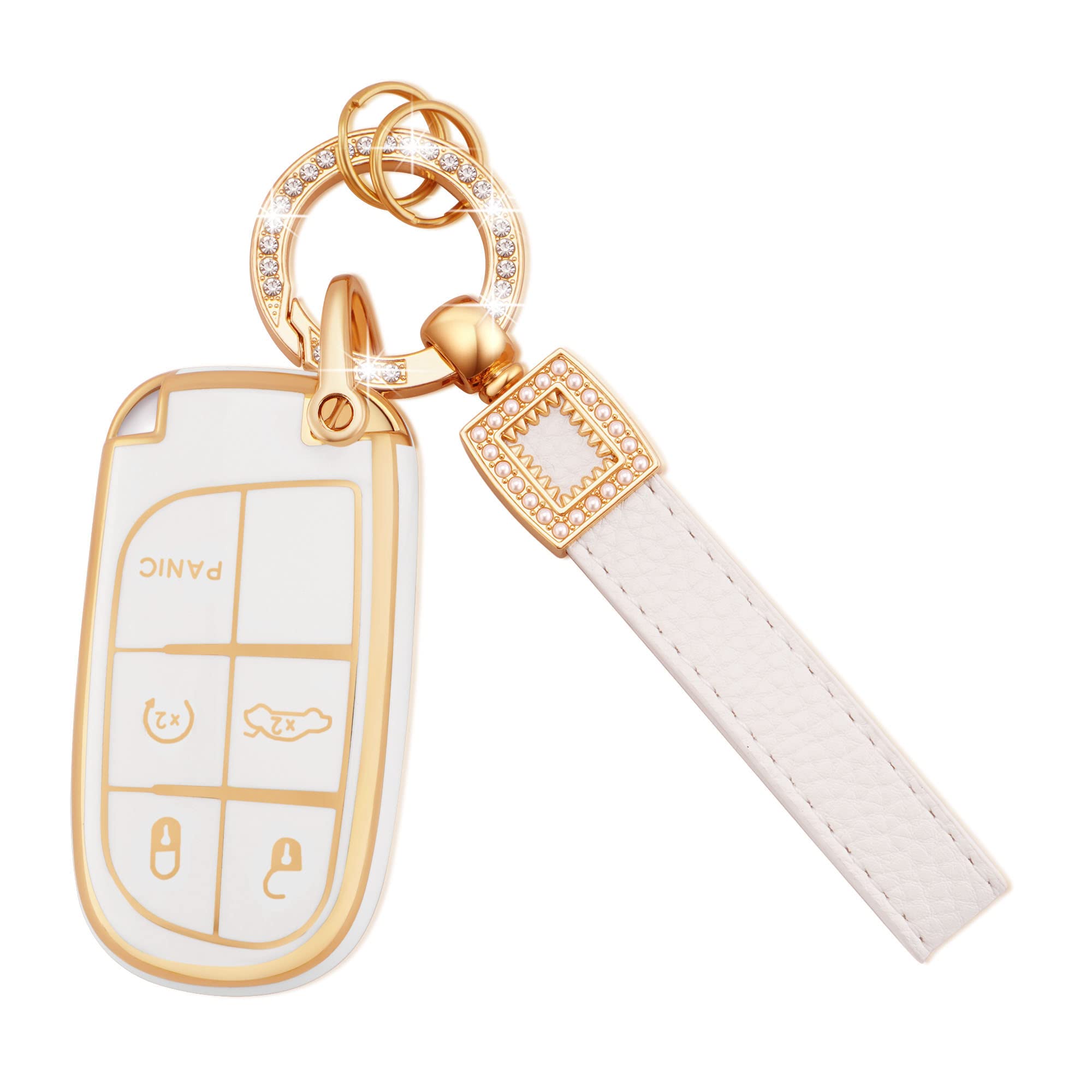 EKALA for Key Fob Cover with Leather Key Fob Keychain, 5 Buttons Soft TPU Keys Shells White Key Fob Cover Compatible with Grand 