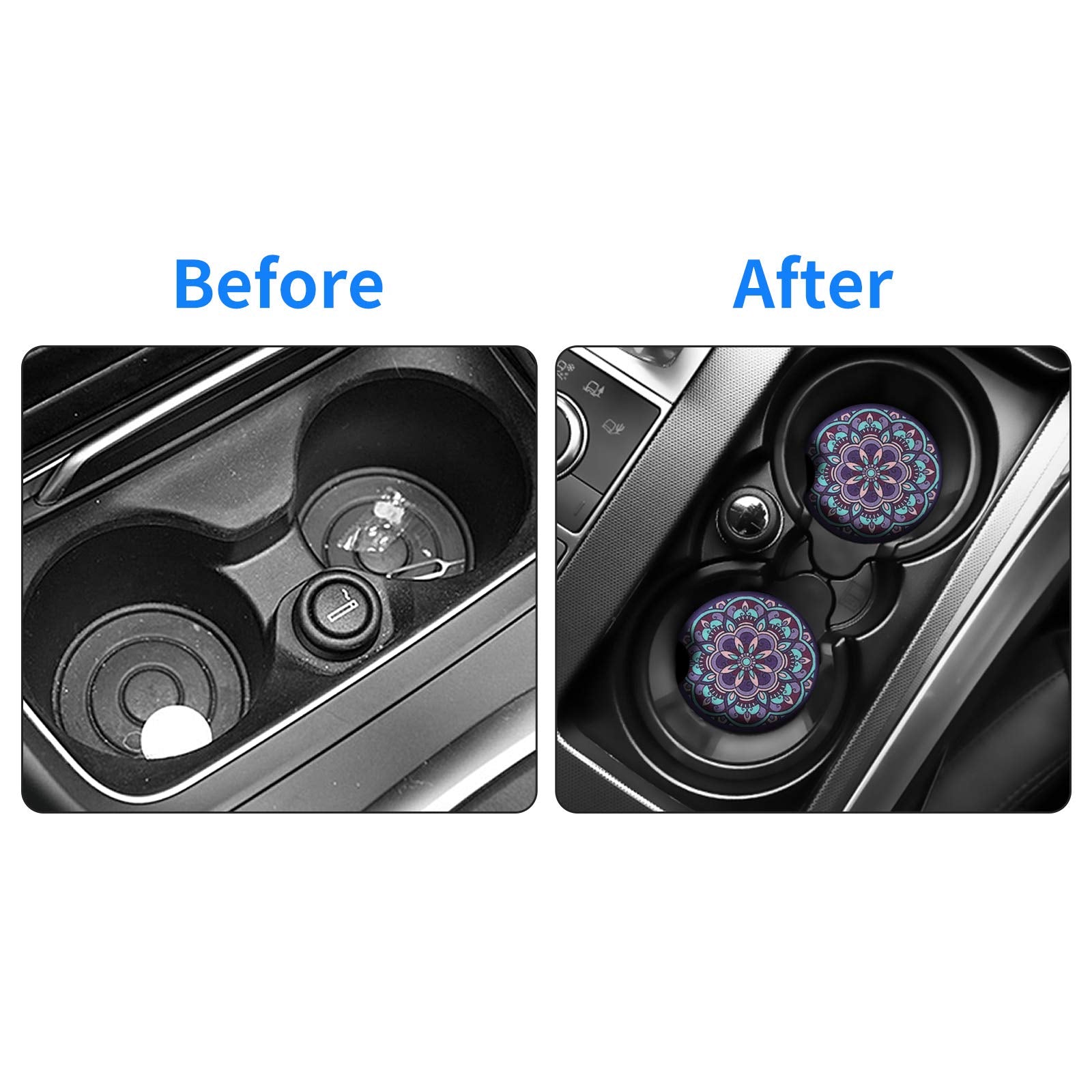 Tifanso Car Cup Holder Coaster, 2 Pack Car Coasters For Cup Holders, Cup Drink Holder Coasters For Car, Cute Car Accessories For Women And Girl (Mandala)