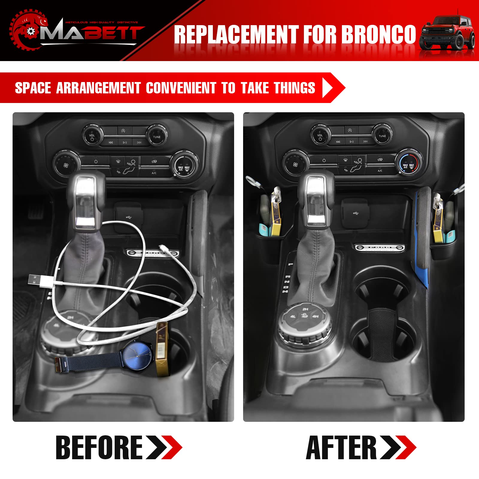 Mabett Center Console Shifter Storage Box Compatible With Ford Bronco 2021 2022 2023 2024, Organizer Gear Side Storage Tray For Bronco Accessories 2/4-Door, Interior Accessories, Matte Black