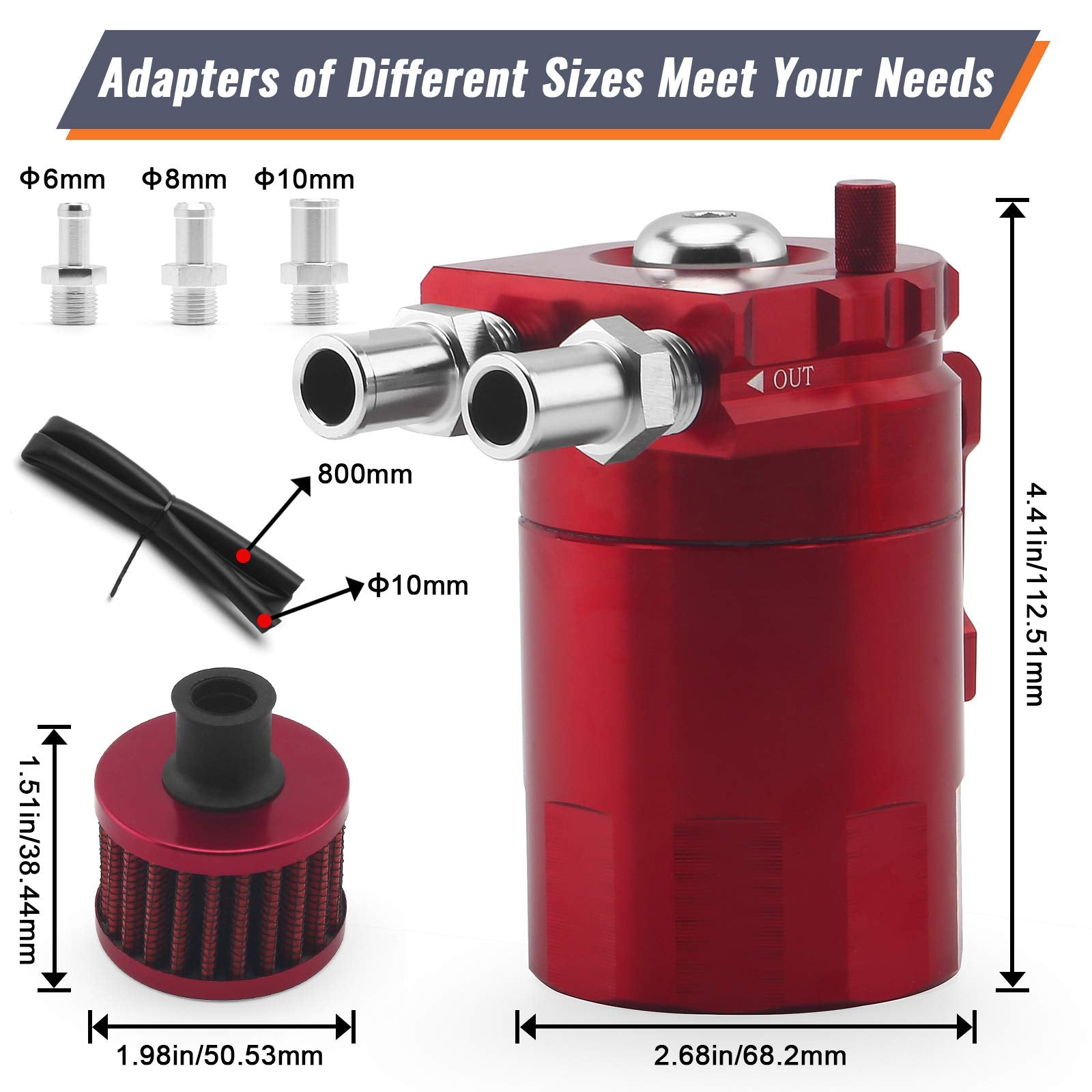 Muge Racing Universal Oil Catch Can Tank Kit Polish Baffled Reservoir With Breather Filter With 3/8'' Fuel Line, Aluminum, Red,