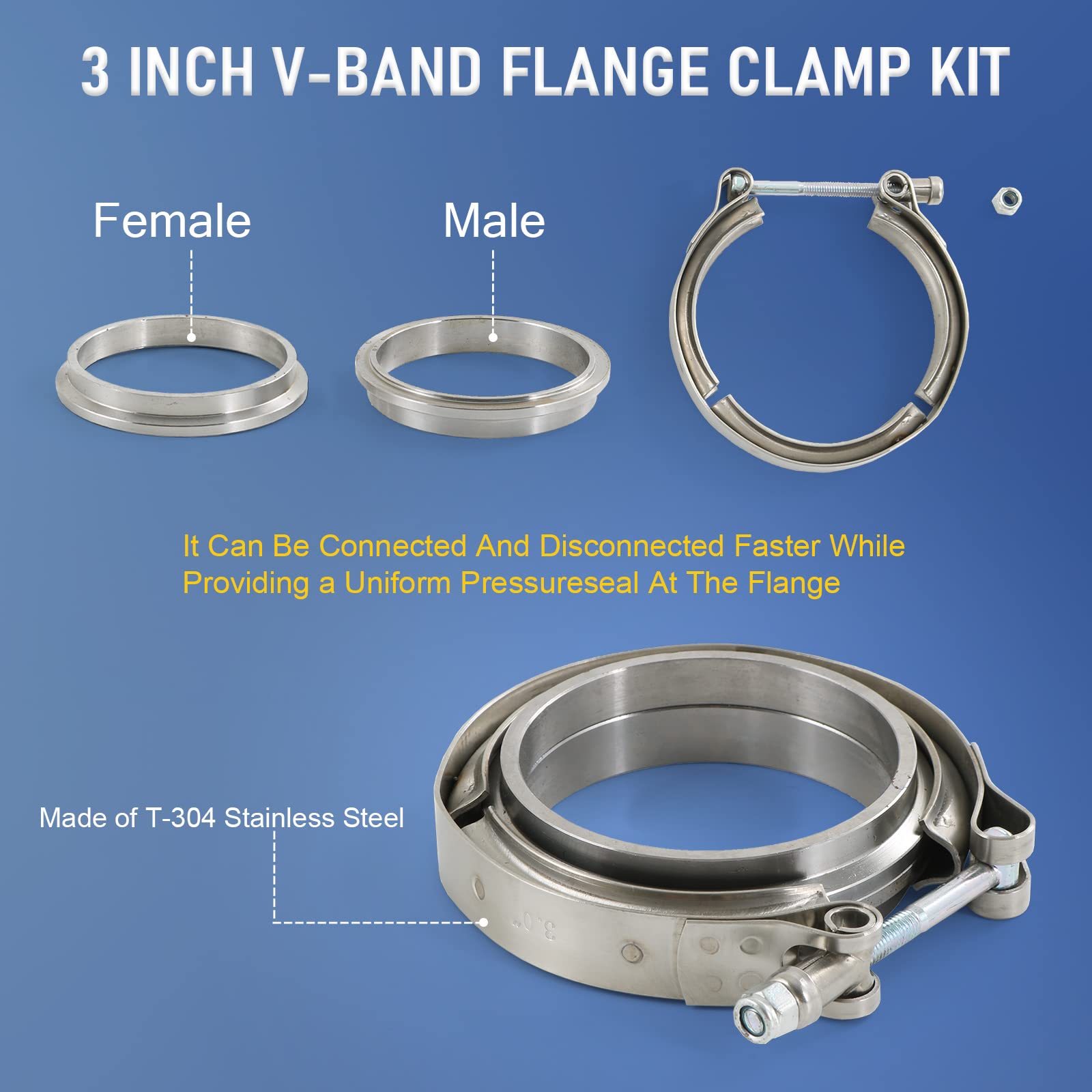 JDMSPEED New 3'' V-Band Flange & Clamp Kit Stainless Steel Replacement For Turbo Exhaust Downpipes (1)