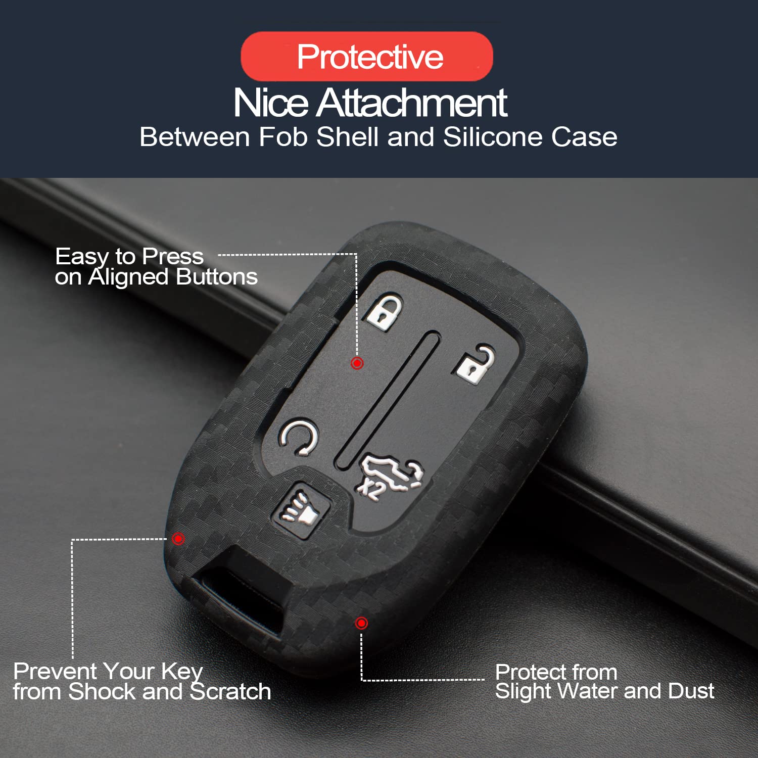 Infipar 2Pcs Compatible With Chevy Chevrolet Silverado Gmc Sierra 1500 2500 Hd 3500 Hd 1500 Limited Silicone Key Fob Case Cover Protector, Truck Accessories Fob Holder (5-Button, Carbon Fiber Black)
