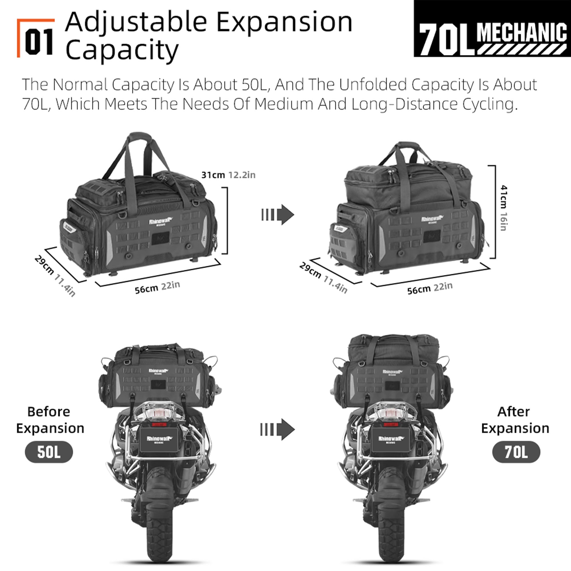 Rhinowalk Motorcycle Tail Bag Expandable Motorcycle Travel Luggage Waterproof 70L With Molle System Trunk Rack Bag With Sissy Ba