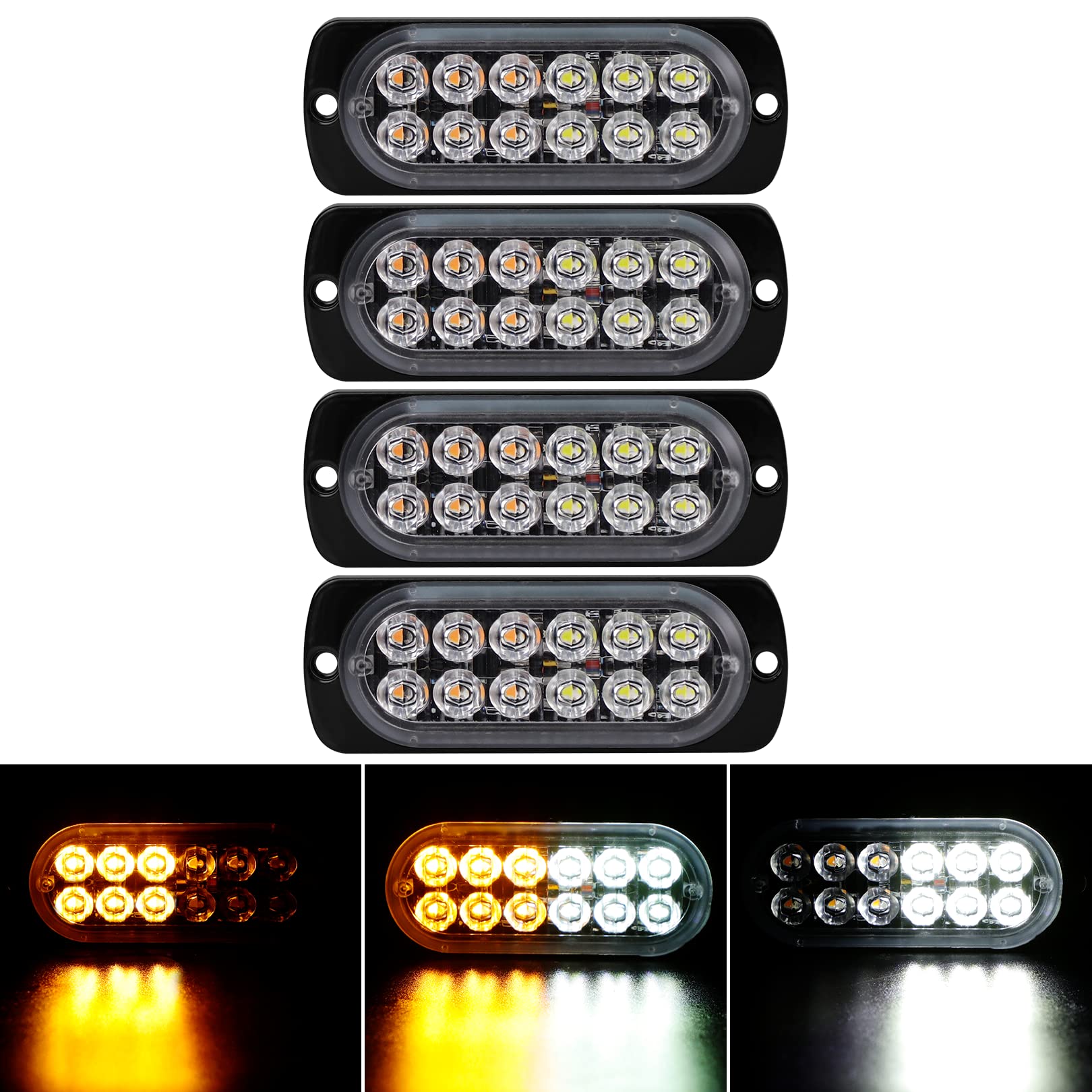 4-Pack 12 Led Amber Strobe Lights Vehicles Trucks Emergency Strobe Lights Kit 12V -24V Warning Hazard Flash Strobe Lights Bar Gr