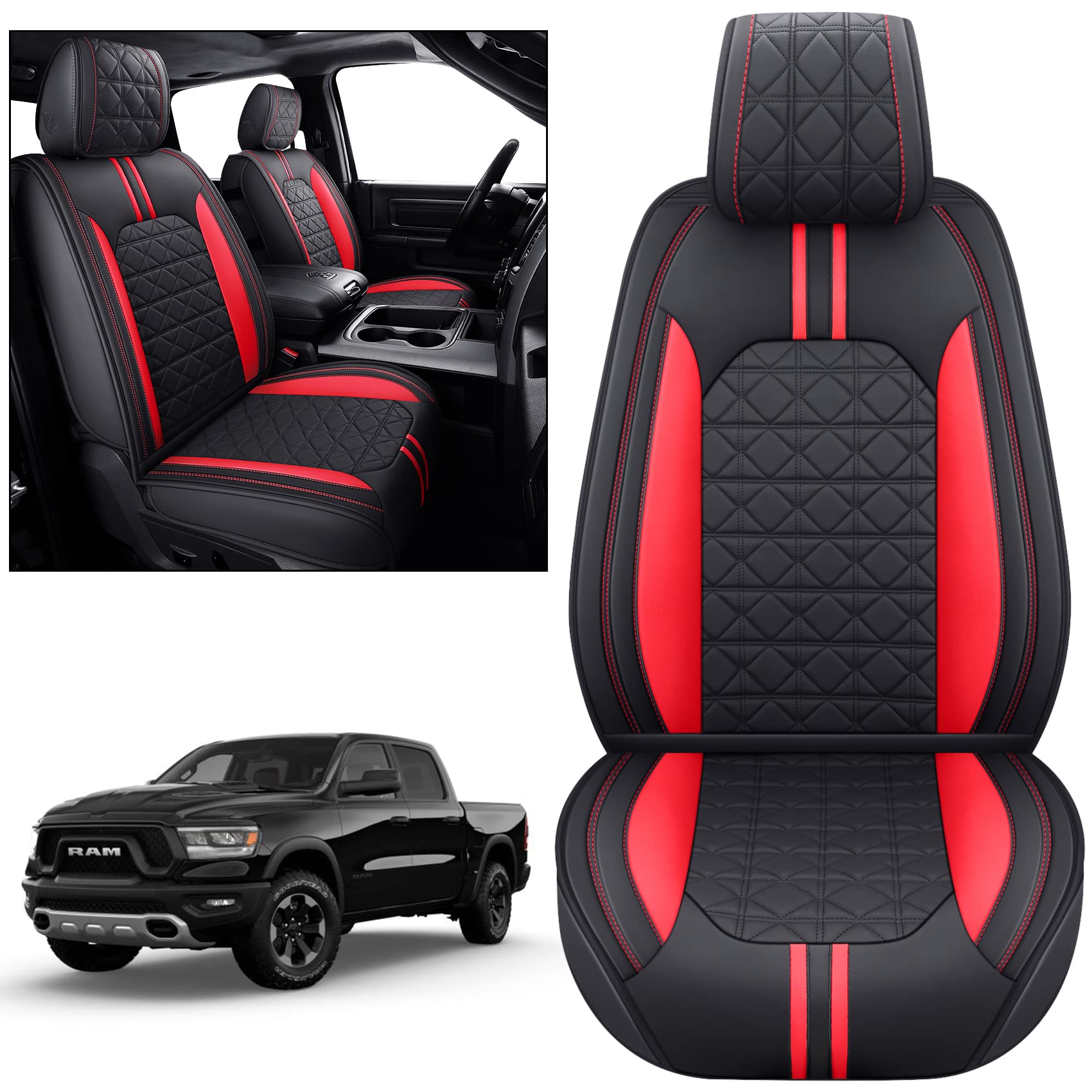 Yiertai Seat Covers For Dodge Ram Custom Fit 2009-2025 1500/2500/3500Hd Big Long Horn Rebel Laramie Tradesman Crew Double Cab Quad Cab Truck Seat Protectors(2 Pcs Front Only/Black-Red)