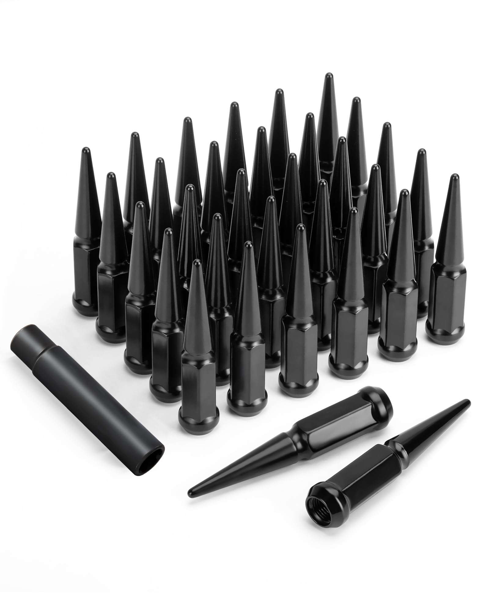 M14x1.5 Spike Lug Nuts, 32PCS 14mmx1.5 Spike Lug Nuts Wheel Accessories with 1 Socket Key, Compatible with F-ord F-250 F-350 G-M