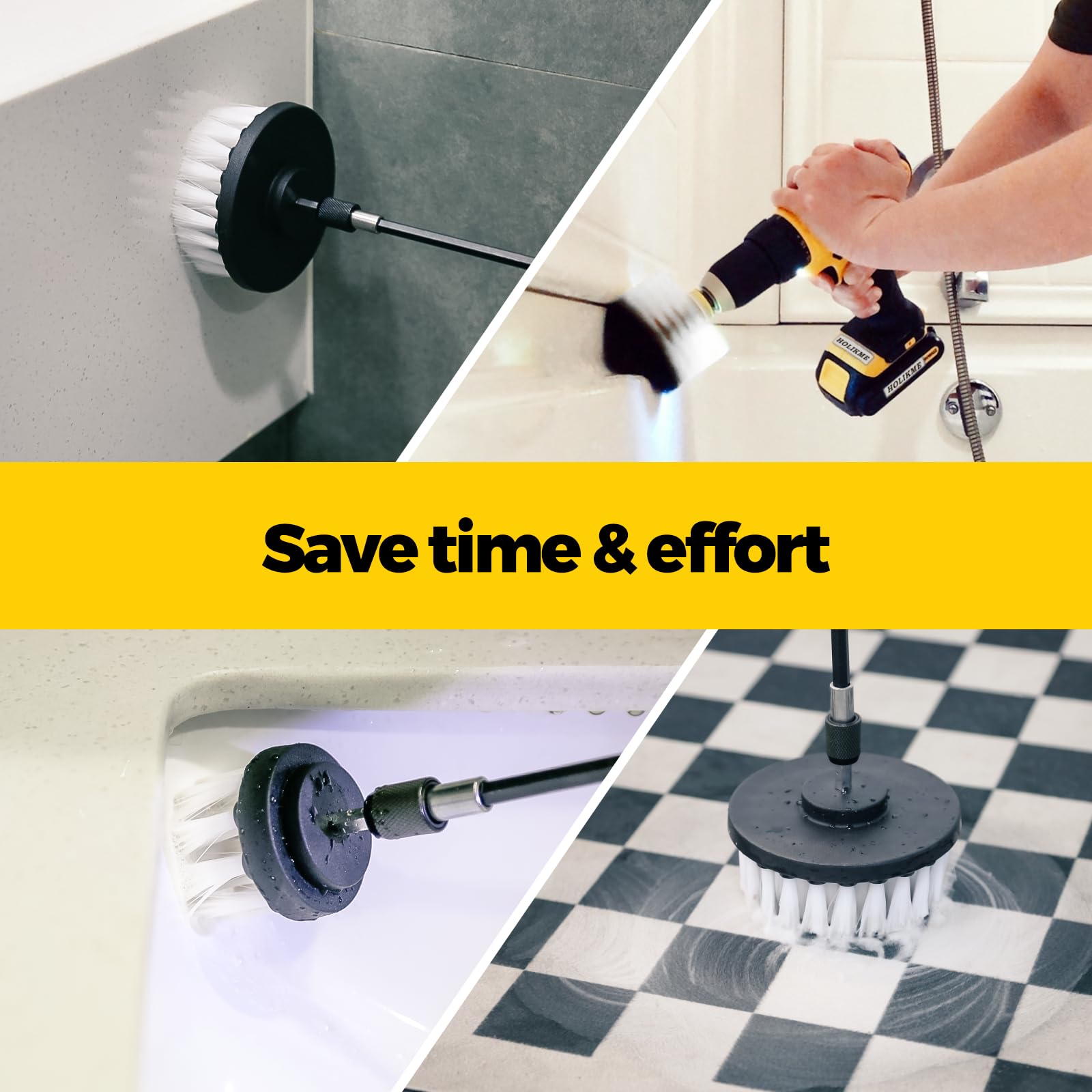 Holikme 5Pack Drill Brush Attachment Set,Power Scrubber Brush Extended Long Attachment For Bathroom Surfaces, Grout, Floors, Bat