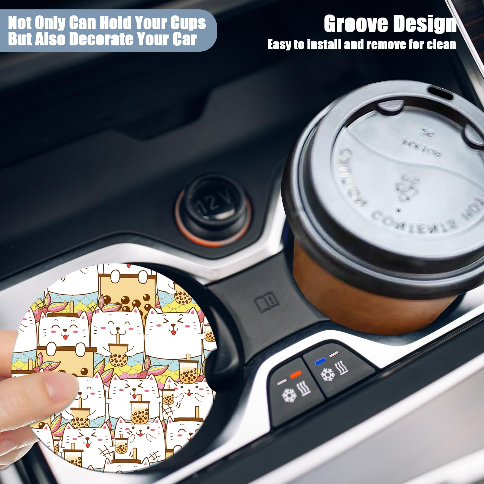 Car Cup Holders Coasters - Cute Cat Absorbent Ceramic Coaster, Cat Lover Drink Cup Holder Coasters, Auto Interior Accessories fo