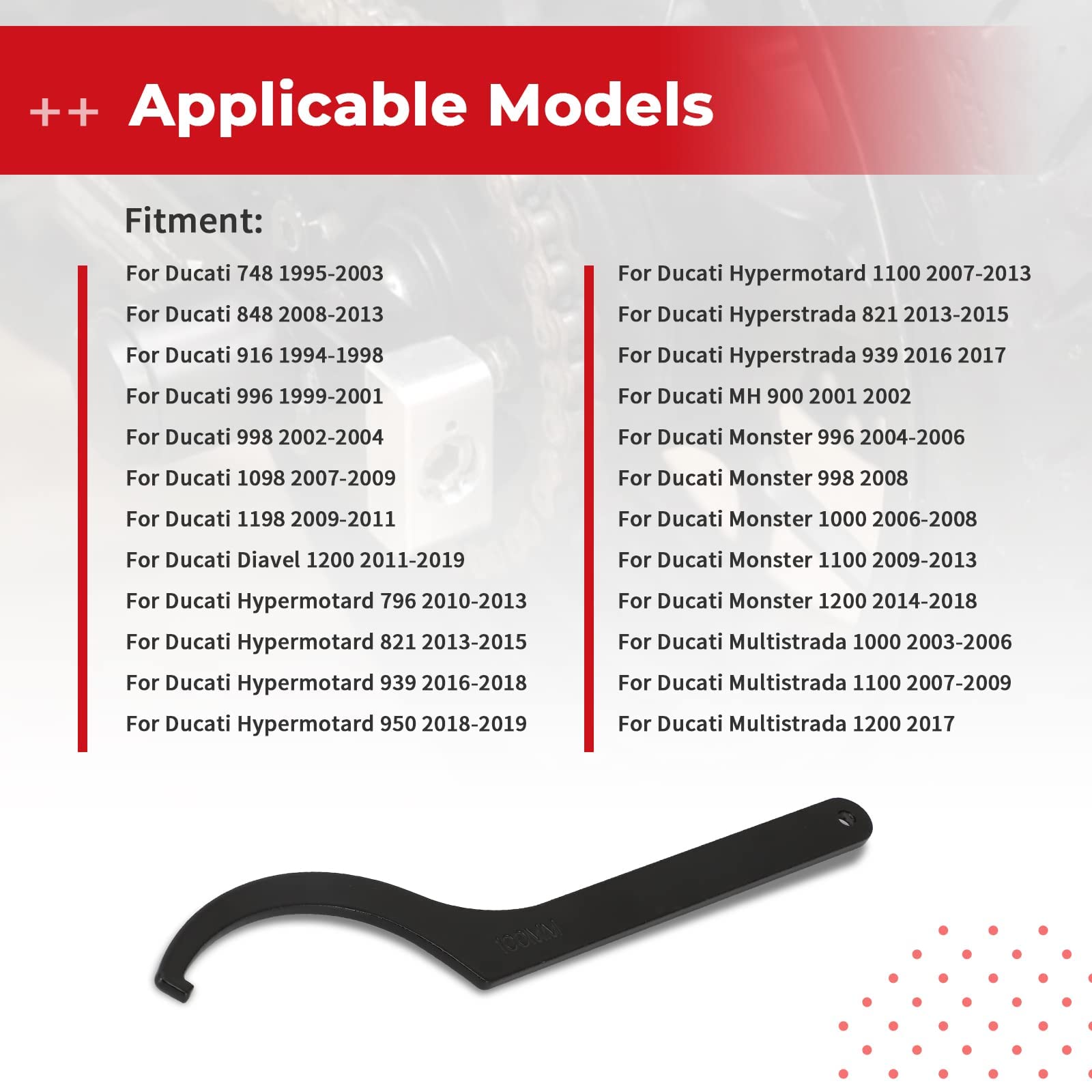 Foruly Chain Adjuster Tool Rear Hub Eccentric Wrench Tool For Ducati 748 848 916 996 998 1098 1198 1199 1299 V4 Spanner Wrench Hypermotard 796 821 939 950 1100 Monster With Single-Sided Axle Swingarm