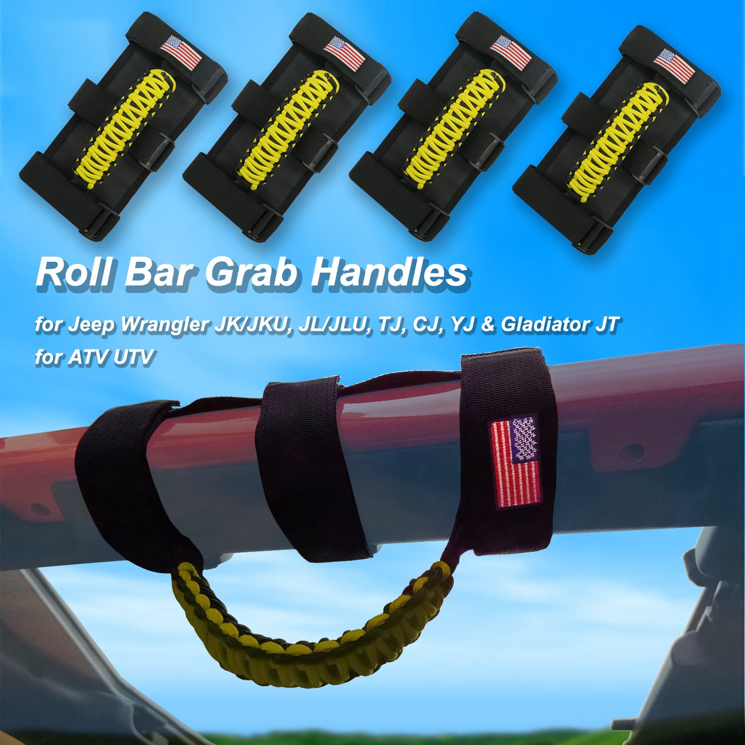 Kohuipu Roll Bar Grab Handles With Us Flag, Paracord Grip Handle For Jeep Wrangler Jk Jku Jl Jlu Tj Cj Yj & Gladiator Jt, Yellow