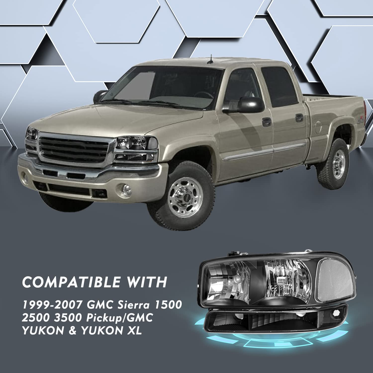 Tusdar 4Pcs Fit For 99-07 Gmc Sierra 1500 Headlight Assembly 99-04 Sierra 2500, 01-07 Sierra 1500Hd 2500Hd 3500Hd, 99-06 Yukon, 00-06 Yukon Xl 1500 2500,Not Fit Denali Model