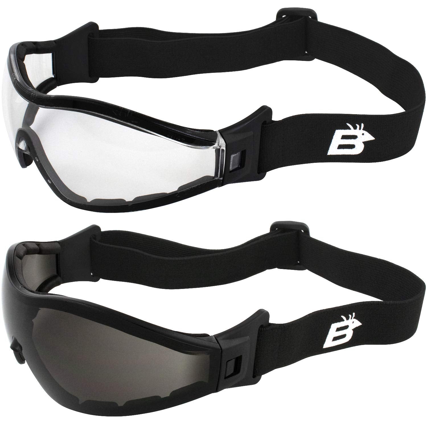 Birdz 2 Pairs Of Eyewear Boogie Foam Padded Motorcycle Skydiving Z87.1 Safety Goggles - Black Frames With Clear & Smoke Anti-Fog