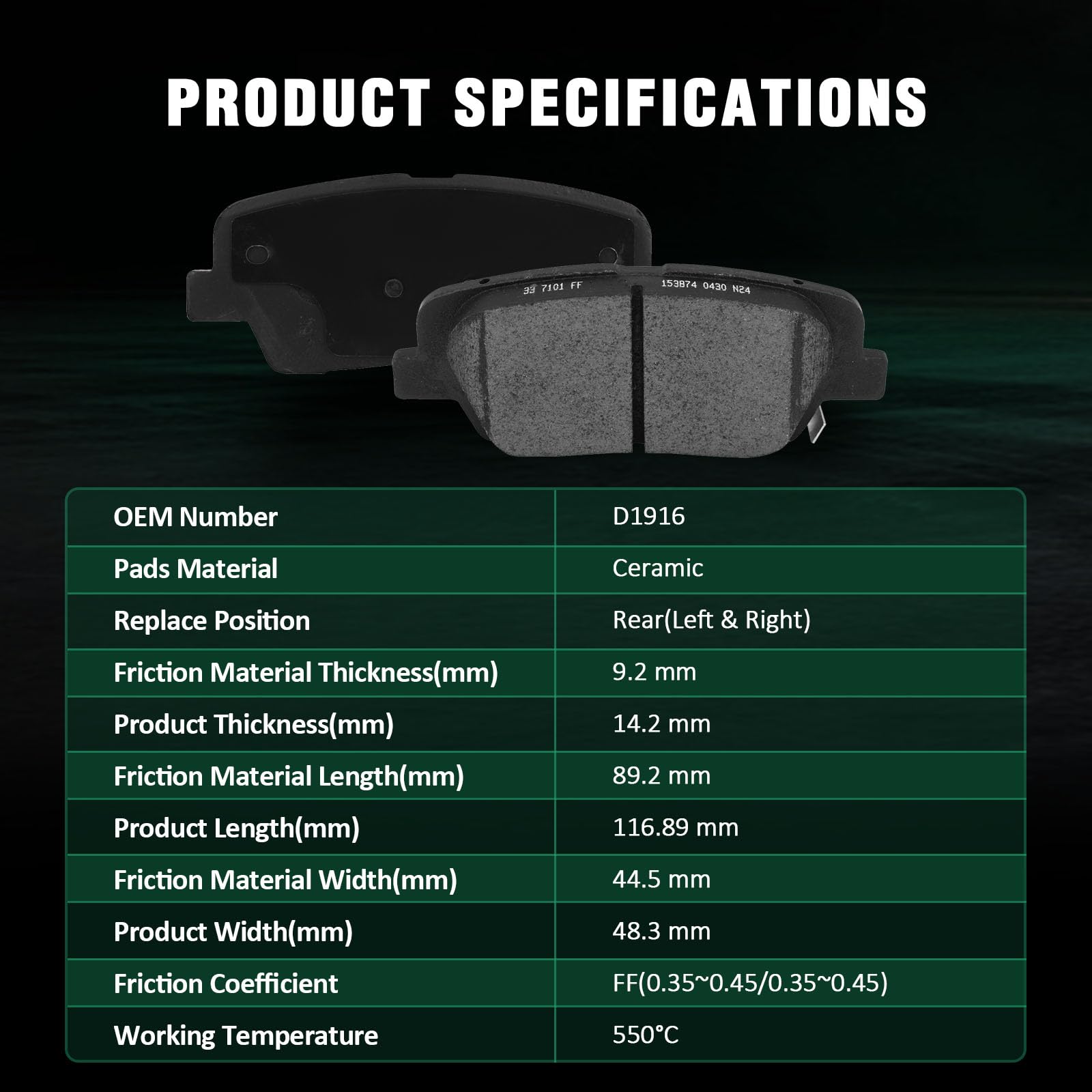 Automuto 4Pcs Rear Ceramic Disc Brake Pads Set D1916 For Hyundai Santa Fe 2017-2018,For Hyundai Santa Fe Sport 2017-2018,For Hyu