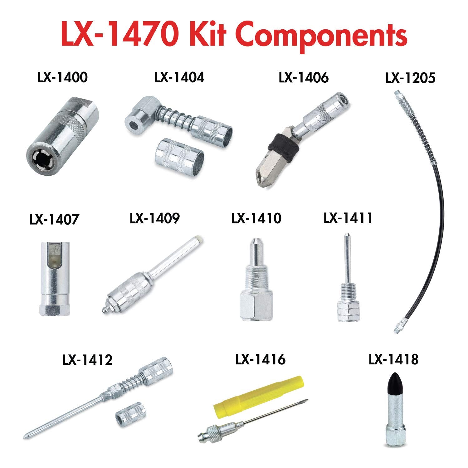 Lumax Lx-1470 Silver Lubrication Accessory Kit, 11-Piece. Kit Contains 11 Of Lumaxs Most Popular Lube Accessories. Organize And