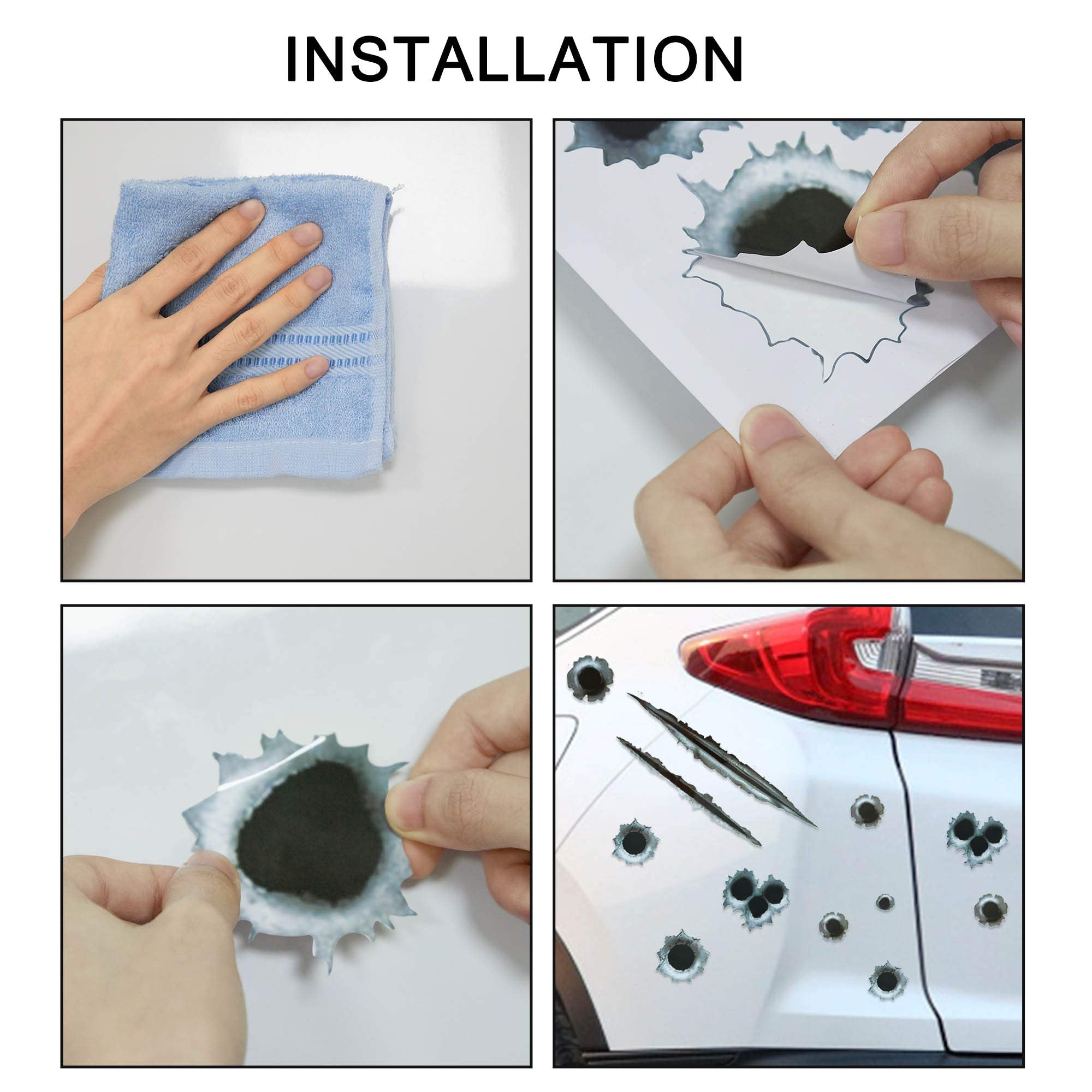 Tomall 96-Hole 3D Bullet Hole Car Stickers Simulation Stereoscopic Fake Guns Bullet Hole Stickers Automotive Tattoo Hood Front Cover Decorations Accessories Bullet Waterproof Car Decals 4 Sets