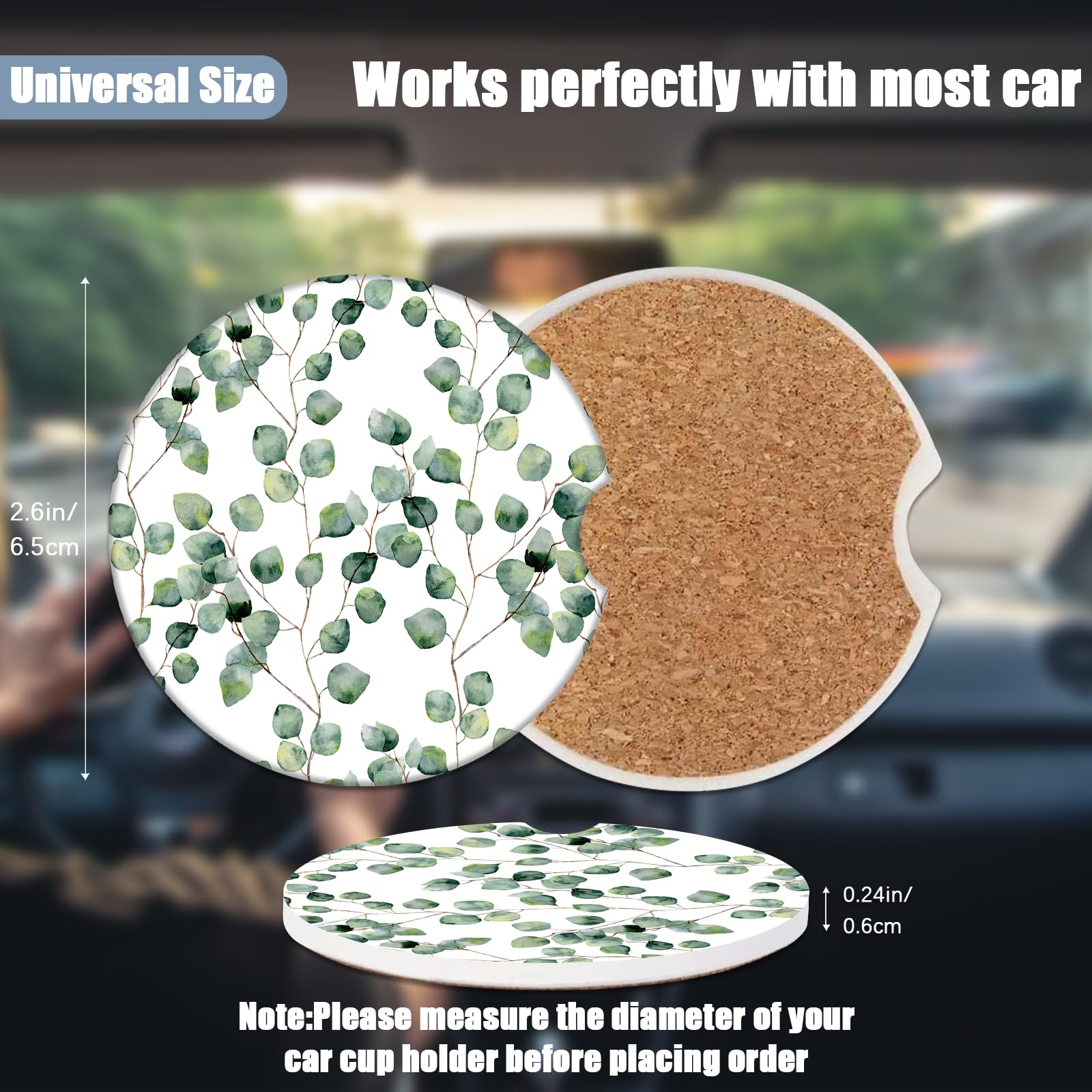Car Cup Holder Coaster - Eucalyptus Round Green Leaf Absorbent Ceramic Coaster, Car Coasters for Cup Holders, Auto Accessories f
