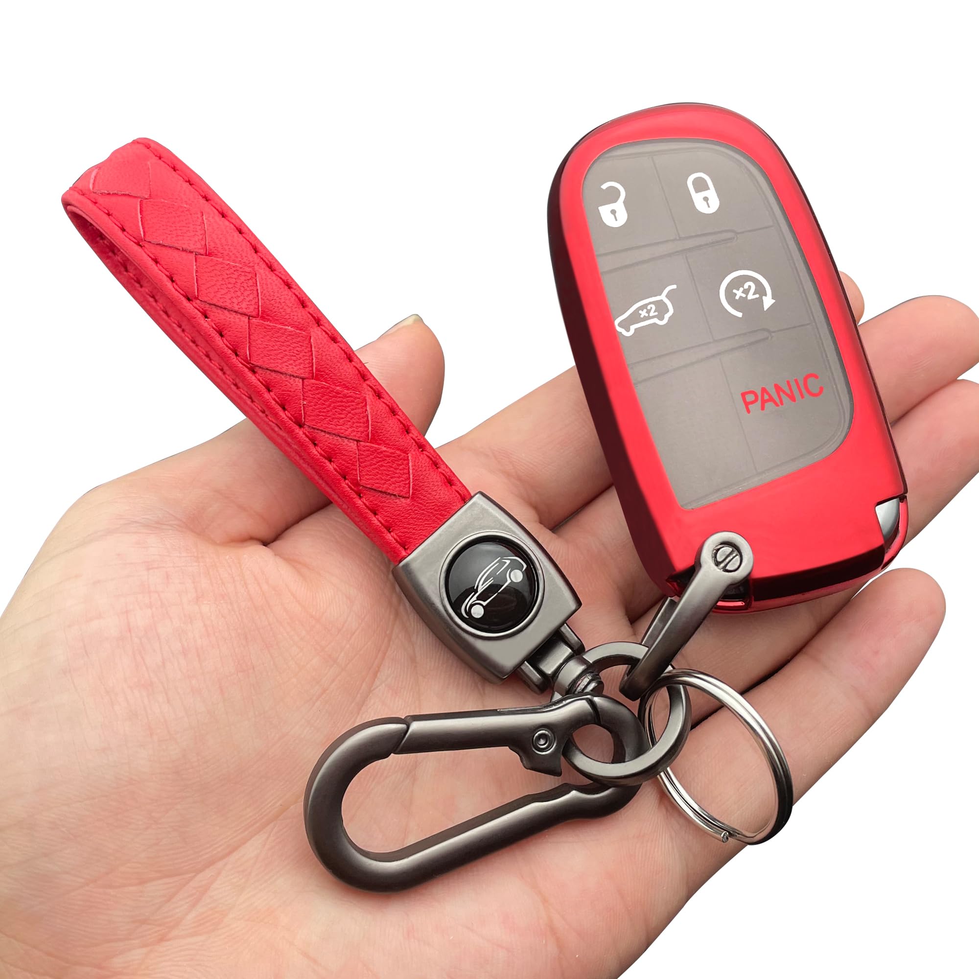 Tandrive Key Fob Cover Compatible With 2025 2024-2015 Jeep Compass Dodge Durango Cherokee Grand Cherokee Renegade Challenger Charger Ram Chrysler 300(3 4 5-Button, Red)