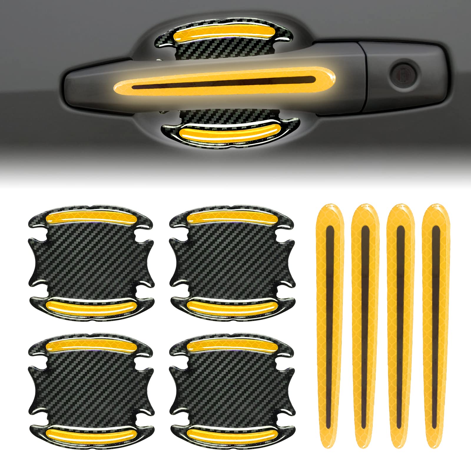 8Pcs 3D Car Door Handle Cup Protector, Reflective Stripe Stickers Anti-Scratch Car Outdoor Safety Warning Marker, Universal Car 