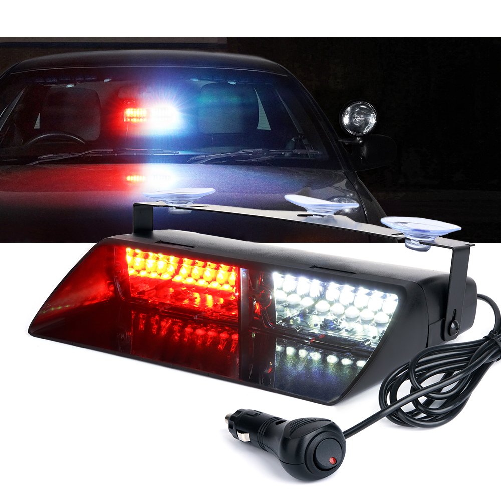 Xprite White Red Led Emergency Dash Strobe Light, Interior Windshield Safety Warning Firefighter Lights W/Suction Cups, 12V Wind