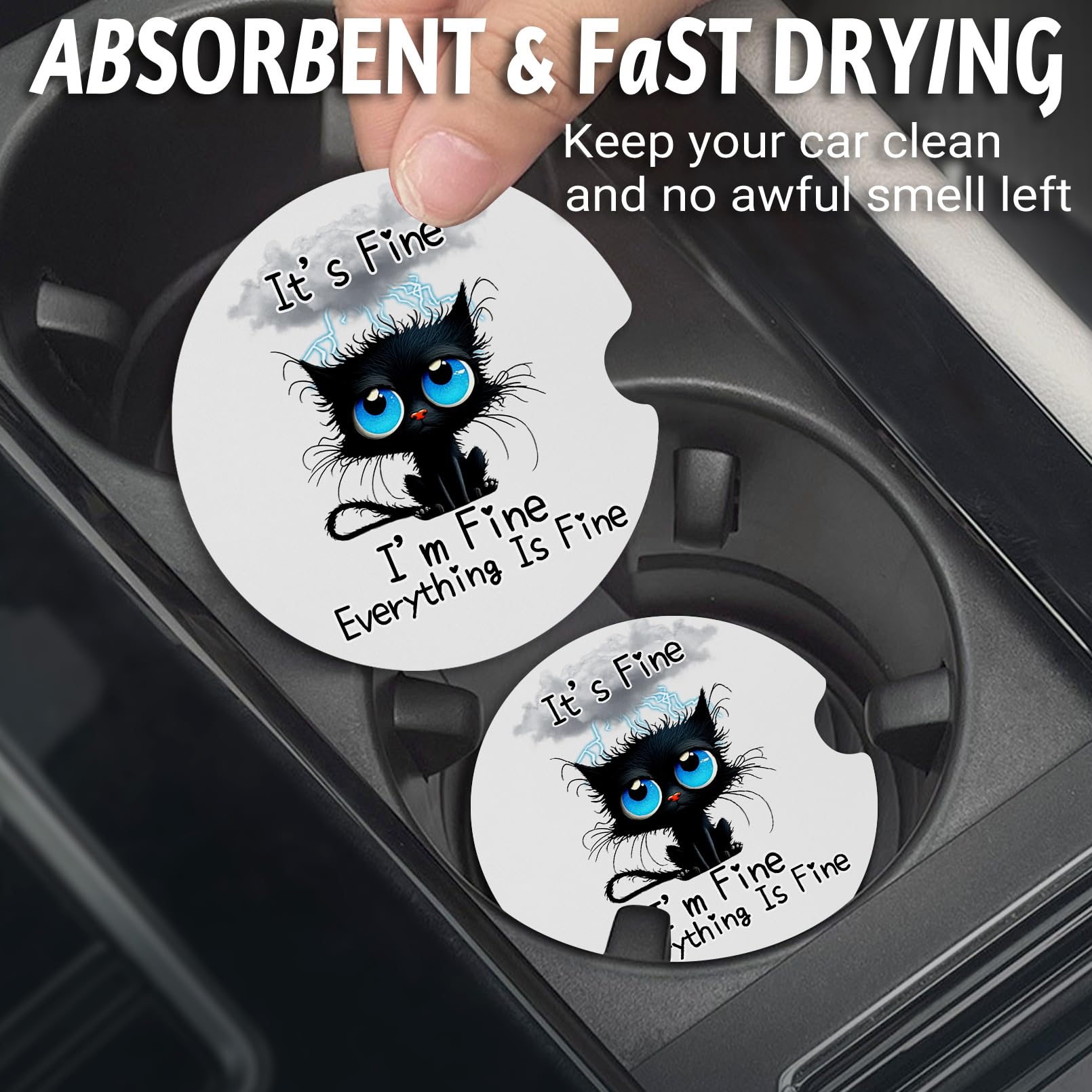 Balck Cat Anti Slip Rubber Car Cup Mat with Finger Notch, 2 Pack Car Coasters for Cup Holders