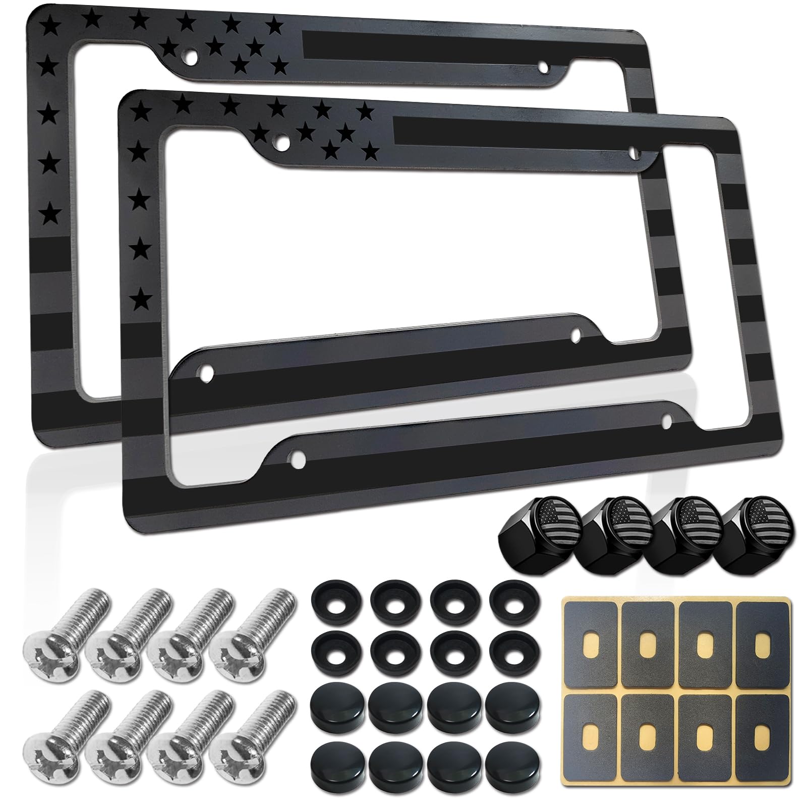 Bggtmo American Flag License Plate Frames- 2 Pack Black Grey Patriotic Usa Aluminum Car Tag Holder Cover For Front Rear, With Sc