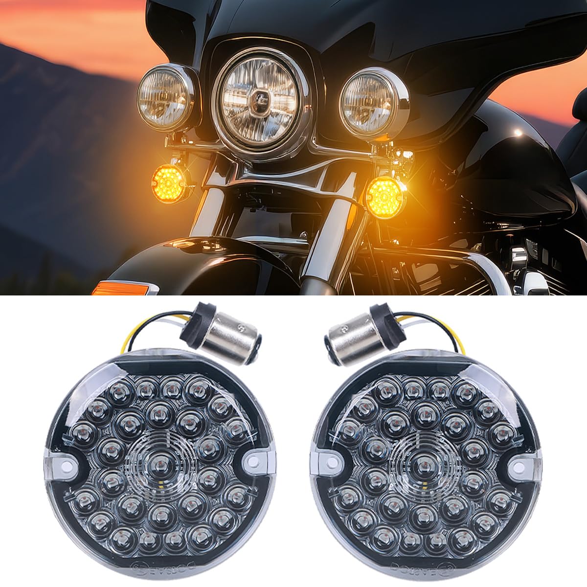 Audexen 3-1/4 Inch Front Led Turn Signal Flat Smoke Lens 1157 Base Amber Lamp Compatible With Harley Motorcycle Road Glide Road