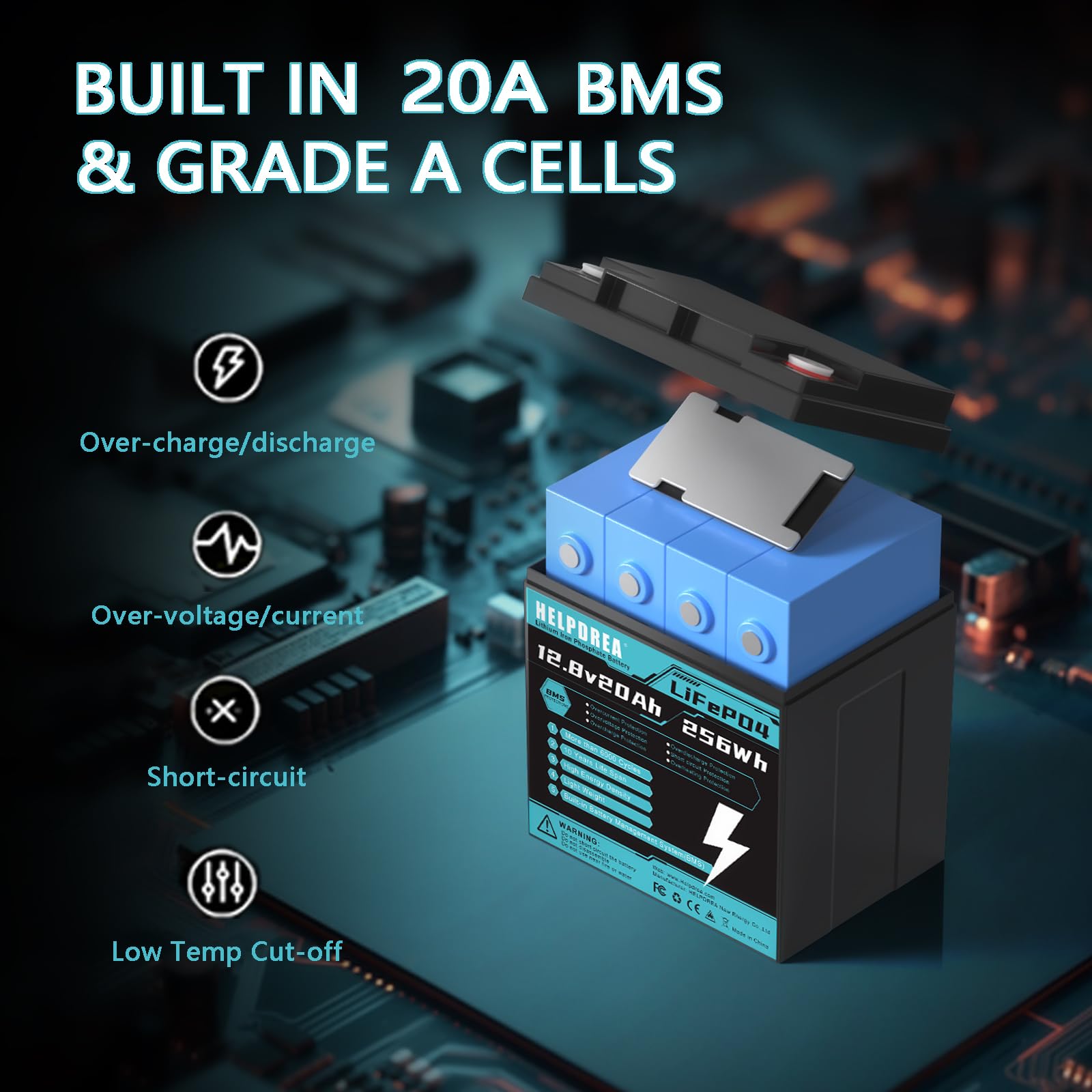 12.8V 20Ah Lifepo4 Lithium Battery, 6000+ Deep Cycle Rechargeable Battery With Bms For Rv, Solar System Home Energy Storage,Home