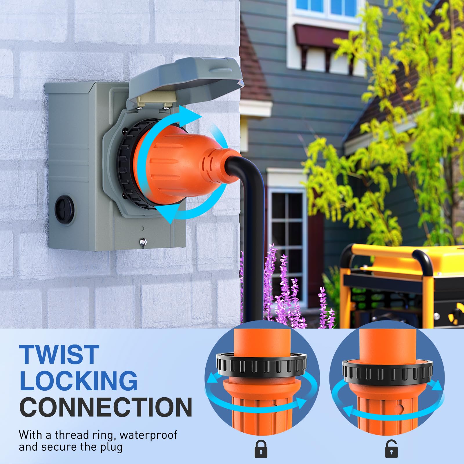 Nilight 30A 100Ft Generator Extension Cord Power Inlet Box With Locking Connector 125/250V 7500W 10 Gauge Stw Etl Listed 4 Prong