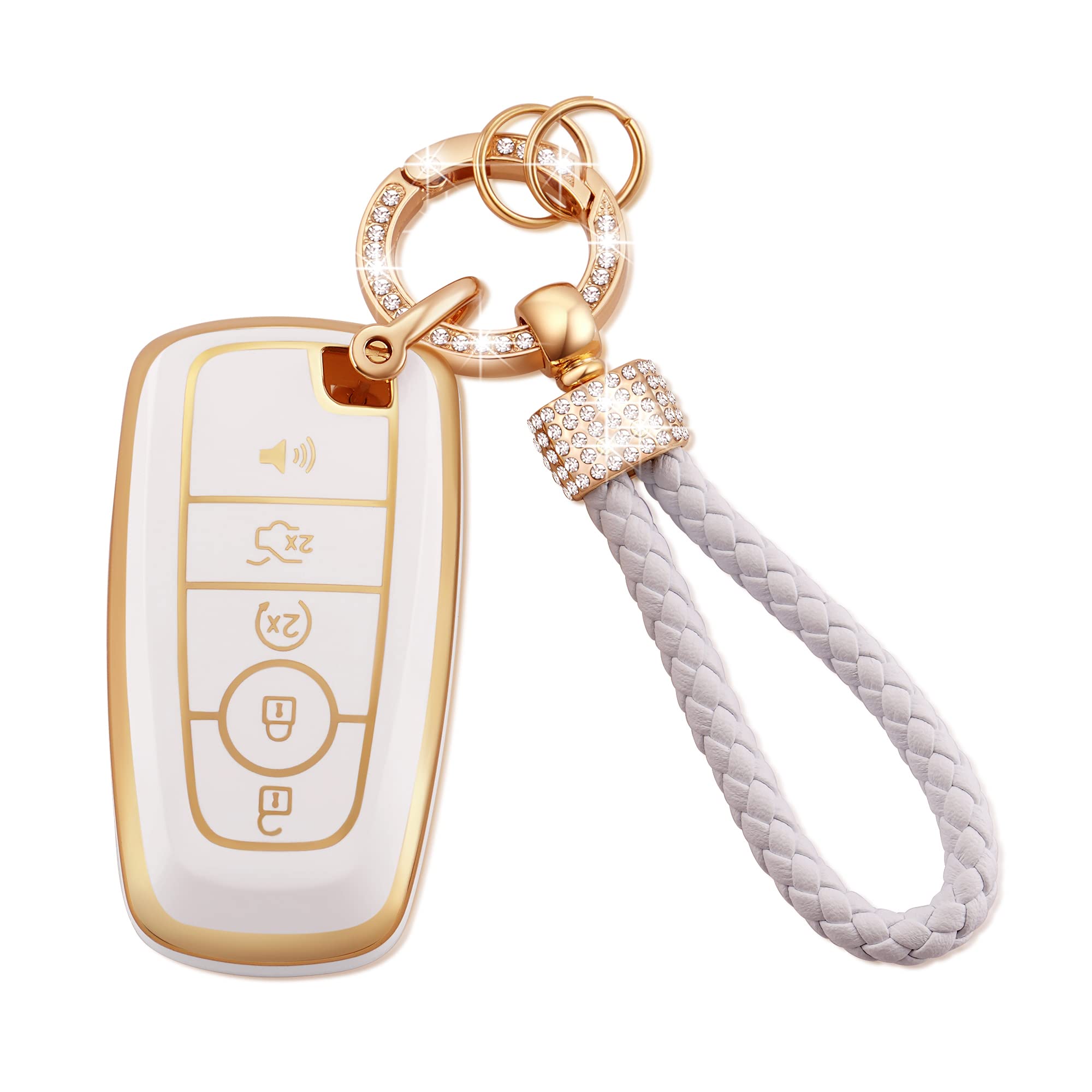 Ekala For Ford Key Fob Cover With Keychain Lanyard, 5 Buttons Soft Tpu Keys Shells Girly White Key Fob Cover Compatible With Ford Explorer Fusion Mustang F150 Edge Escape Expedition Lincoln(Frd-5)