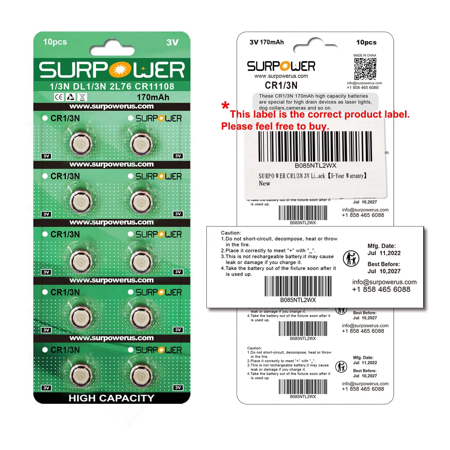 Surpower Cr1/3N 3V Lithium Battery 10 Pack ?5-Year Warranty?