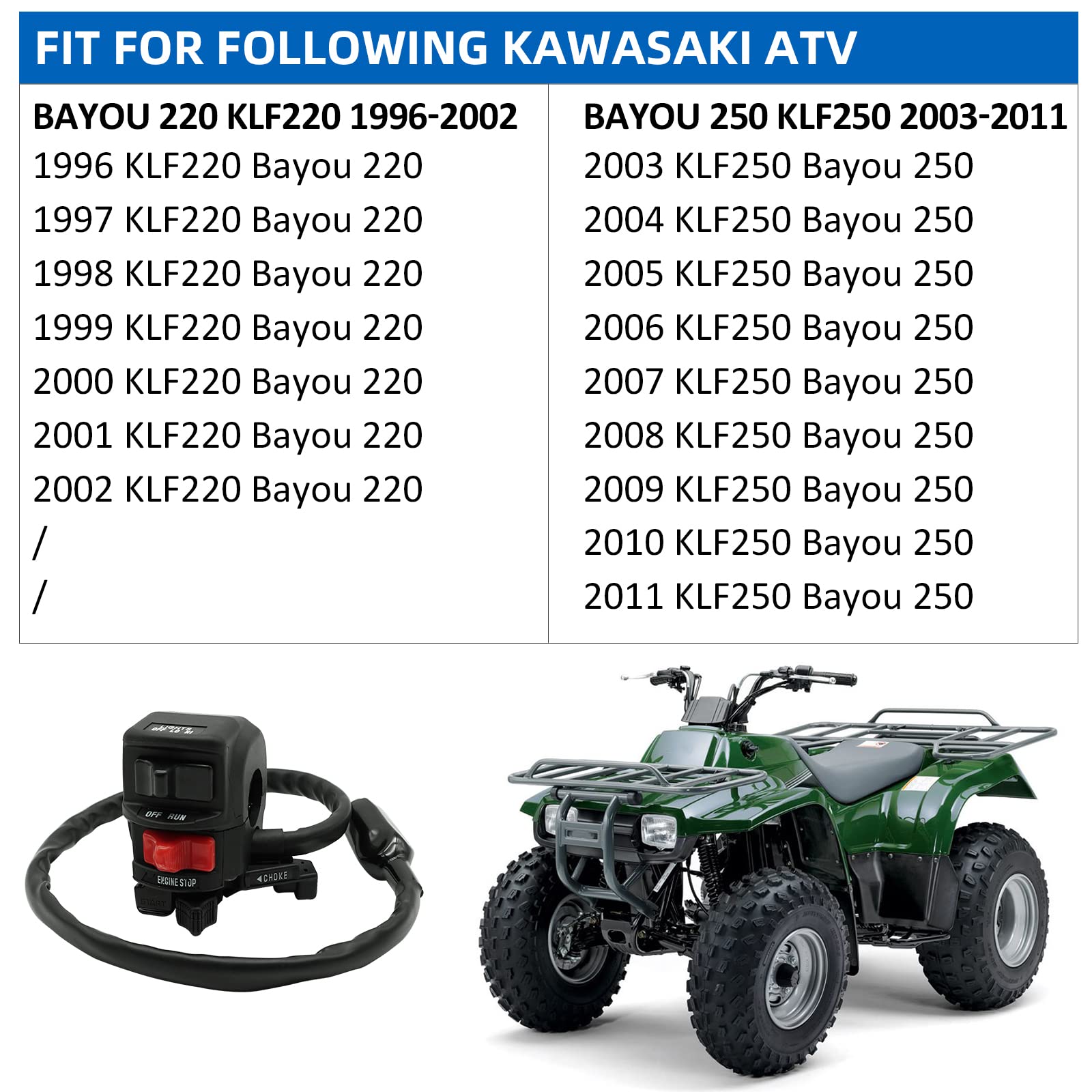 Control Switch Button Start Kill Stop Headlight For Bayou 220 Klf220 96-02 Bayou 250 Klf250 03-11, Oem# 46091-1624