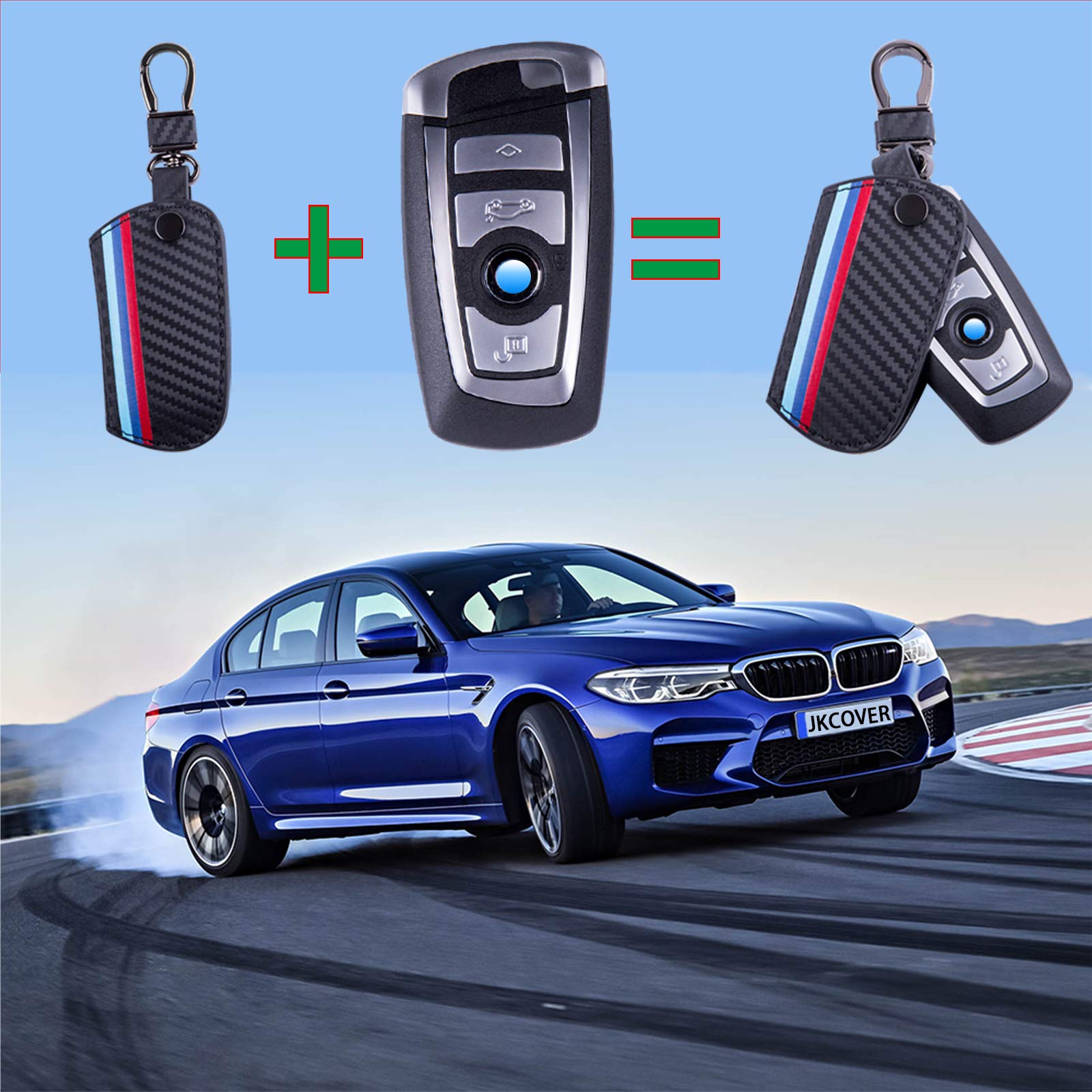 Jkcover Key Fob Holder Protector Compatible With Bmw Remote Fob, M-Colored Stripe Black Carbon Fiber Pattern Leather Key Cover W